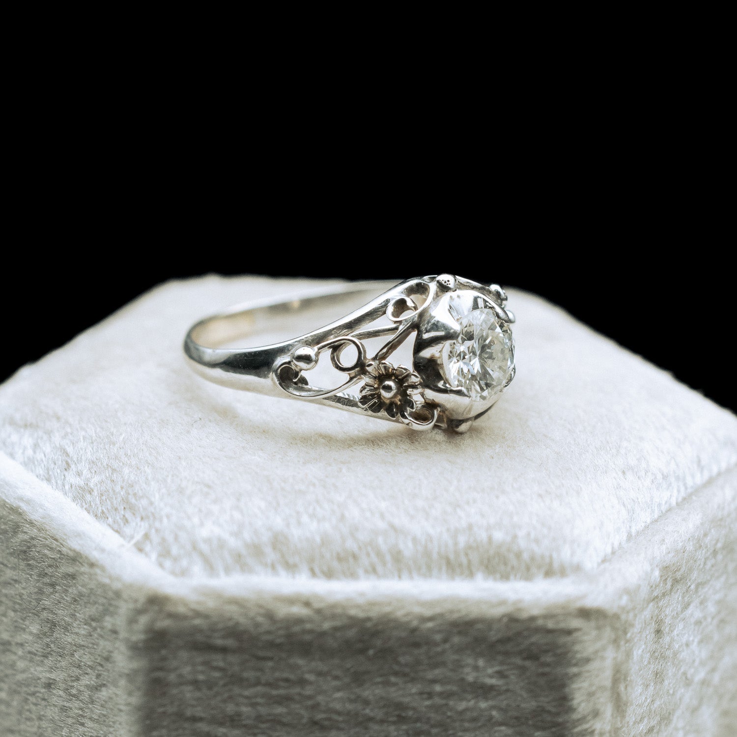 ANTIQUE 14K WHITE GOLD ART DECO DIAMOND FLORAL RING-Staghead Designs