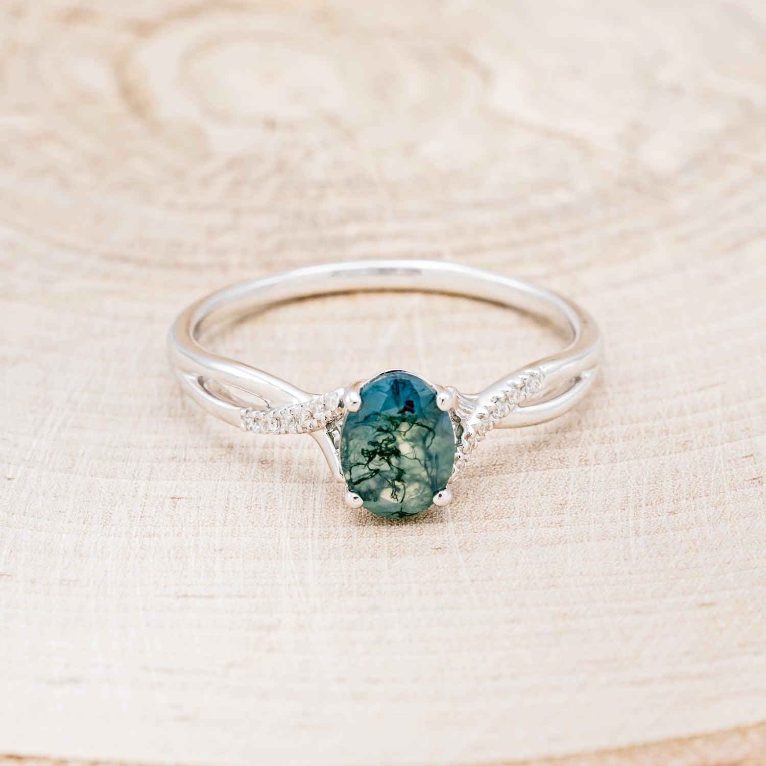 "ROSLYN" - OVAL MOSS AGATE ENGAGEMENT RING WITH DIAMOND ACCENTS - EXPEDITED-12