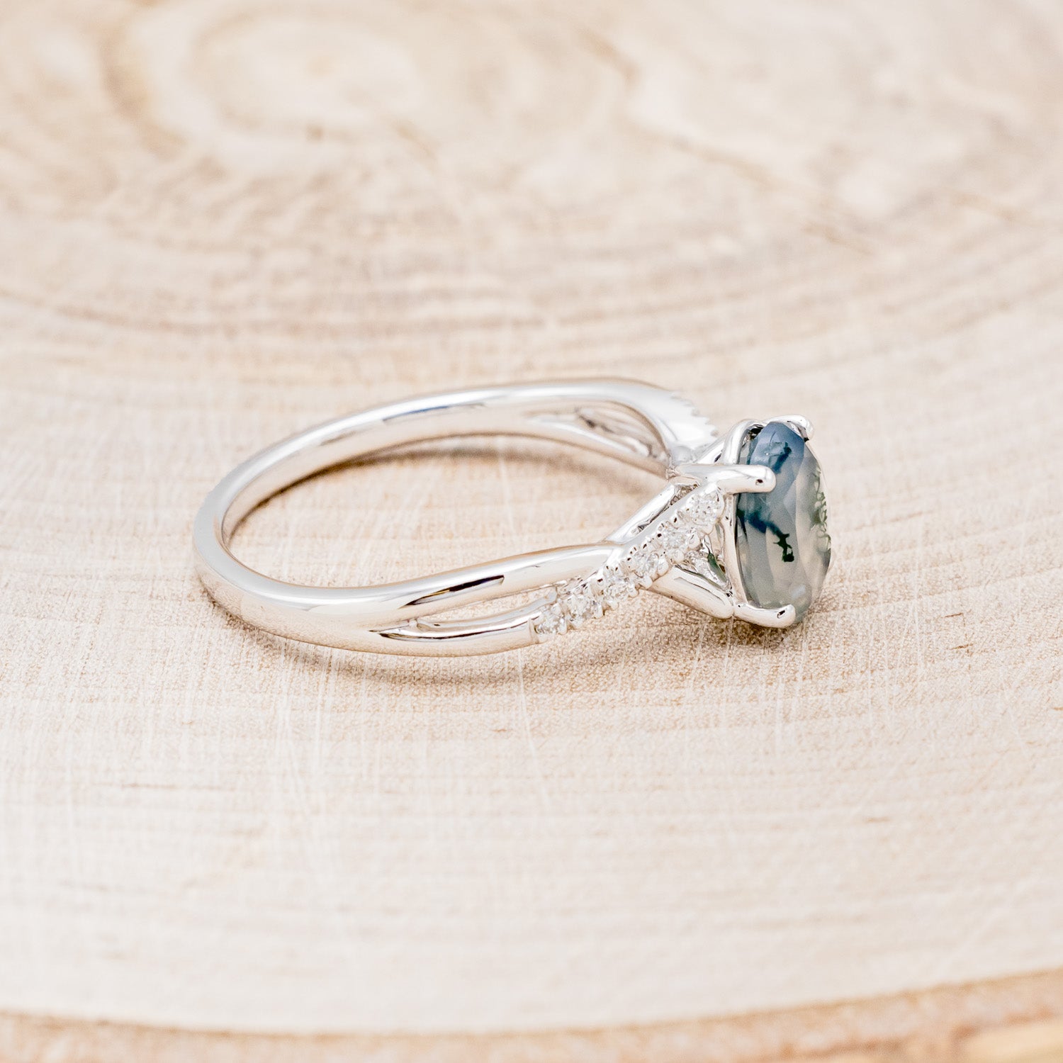 "ROSLYN" - OVAL MOSS AGATE ENGAGEMENT RING WITH DIAMOND ACCENTS - EXPEDITED-9