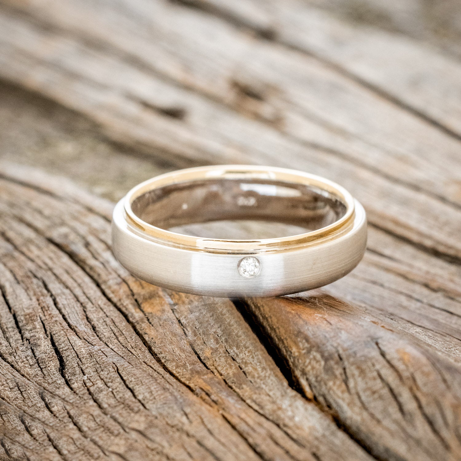 TWO TONE FLAT EDGE MEN'S ENGAGEMENT RING WITH A DIAMOND ACCENT AND A BRUSHED FINISH-3