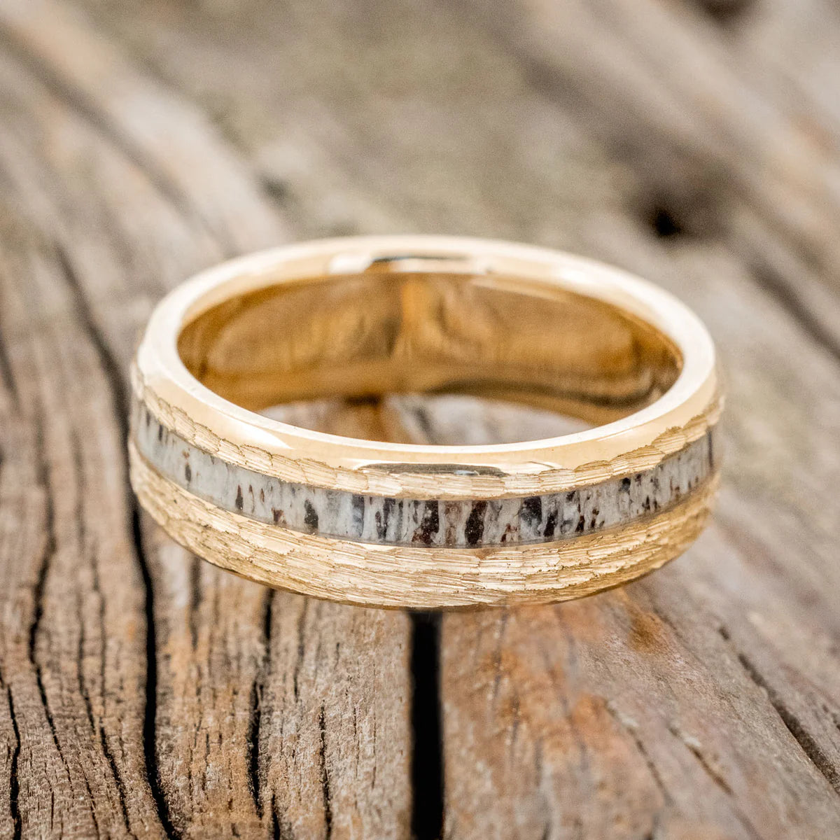 "VERTIGO" - ANTLER WEDDING RING WITH HAMMERED FINISH - 14K YELLOW GOLD (6MM) - SIZE 12-Staghead Designs
