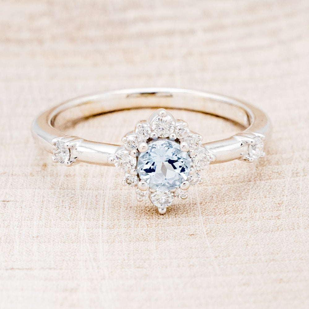 "STARLA" - ROUND CUT AQUAMARINE ENGAGEMENT RING WITH STARBURST DIAMOND HALO & TRACER-28