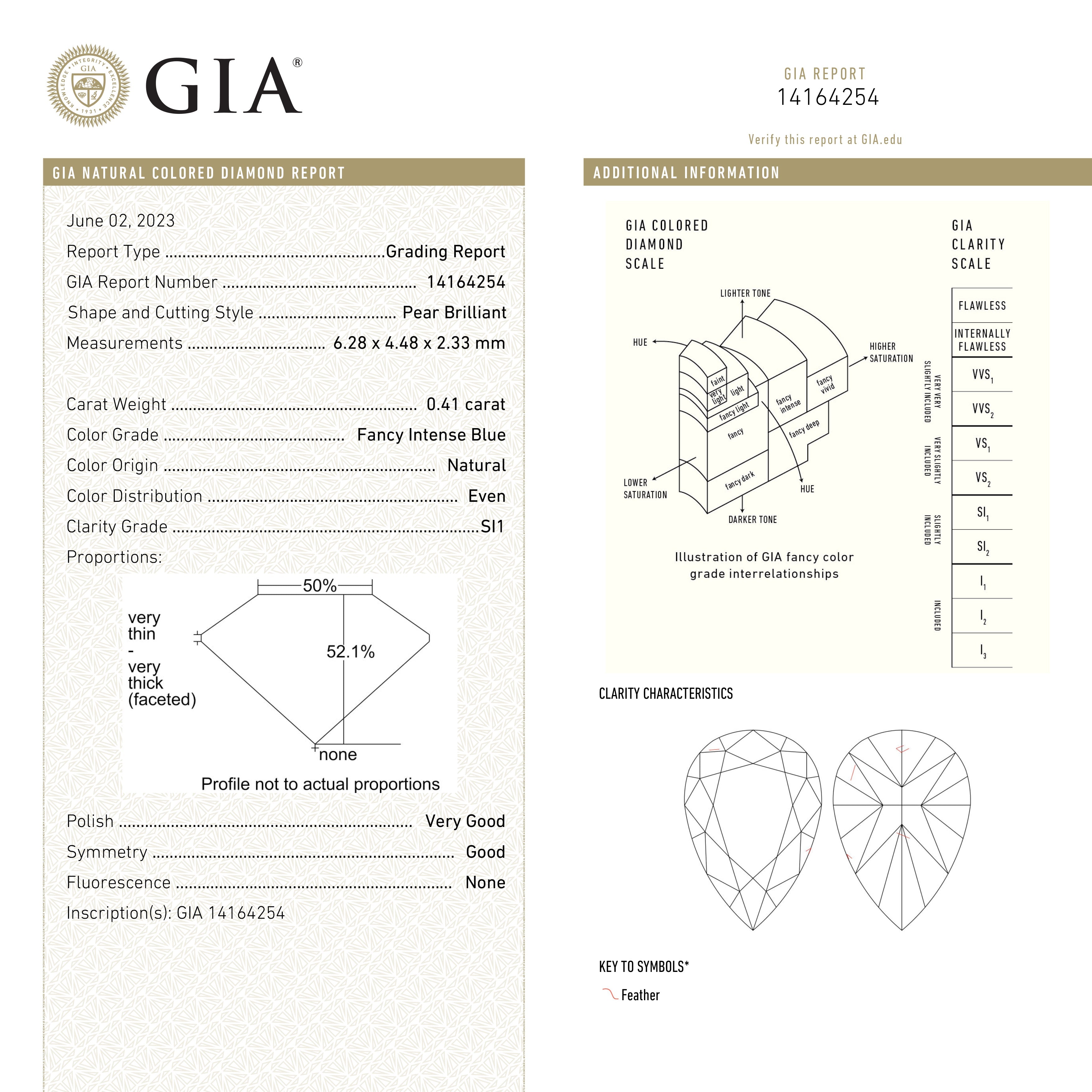 0.41ct 6.28x4.48x2.33mm GIA SI1 Fancy Intense Blue Pear Brilliant 24136-01-Staghead Designs