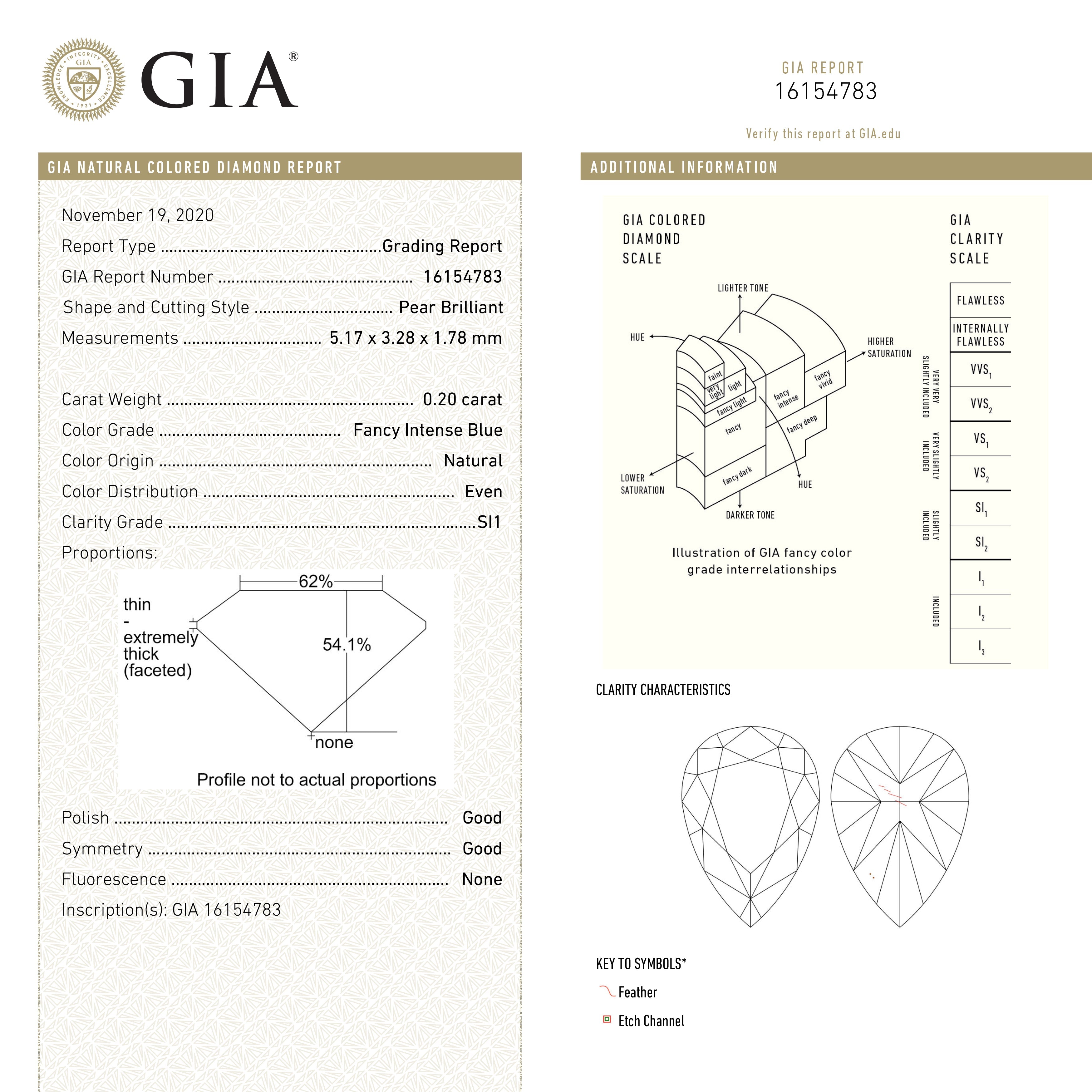 0.20ct 5.17x3.28x1.78mm GIA SI1 Fancy Intense Blue Pear Brilliant 24134-01-Staghead Designs