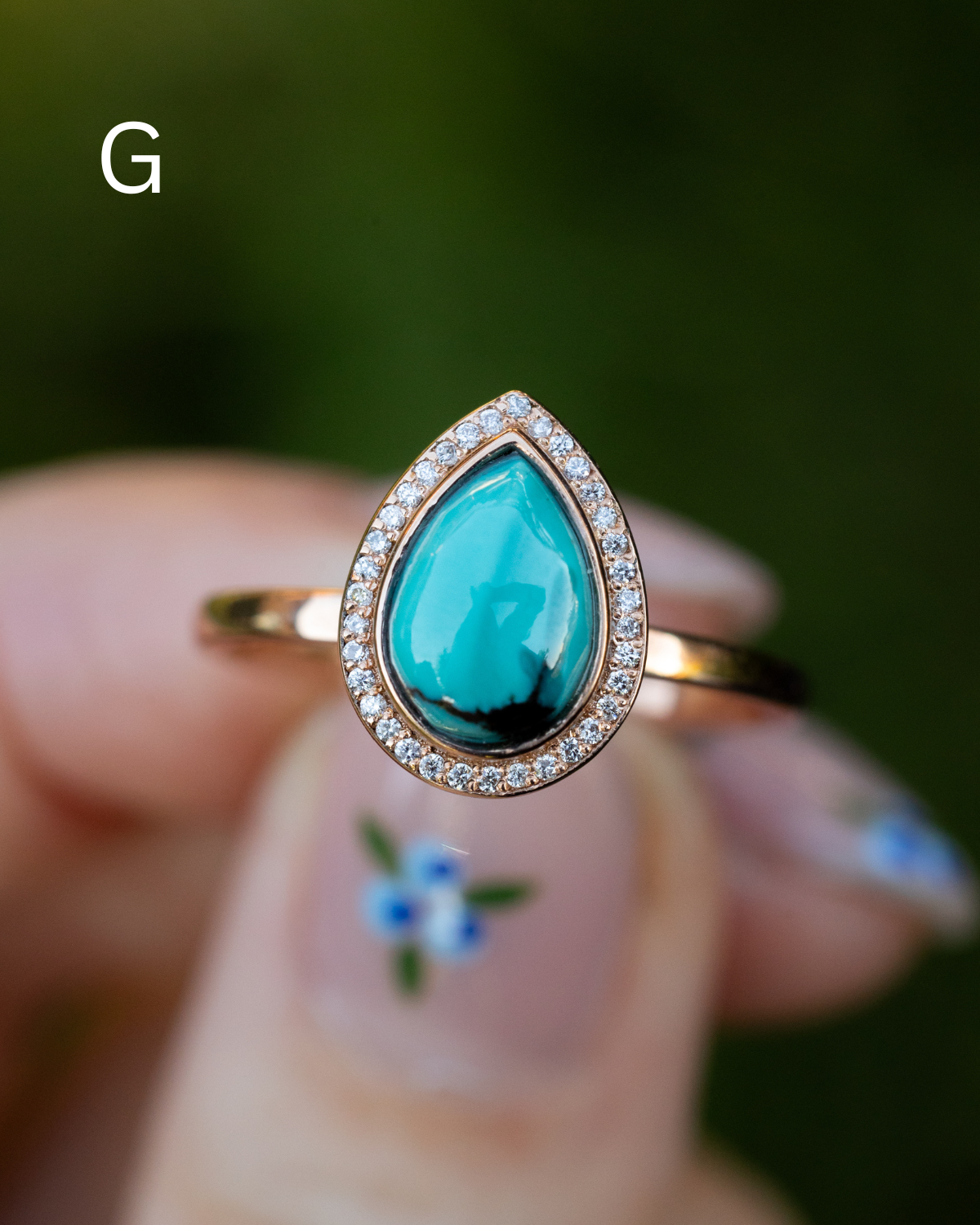 "TERRA" - PEAR-SHAPED TURQUOISE ENGAGEMENT RING WITH DIAMOND HALO - READY TO SHIP-Staghead Designs