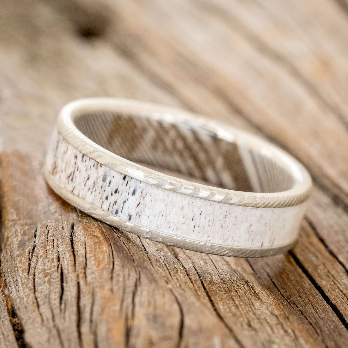 "Rainier" - Antler Wedding Band - Damascus Steel - Size 7 1/2