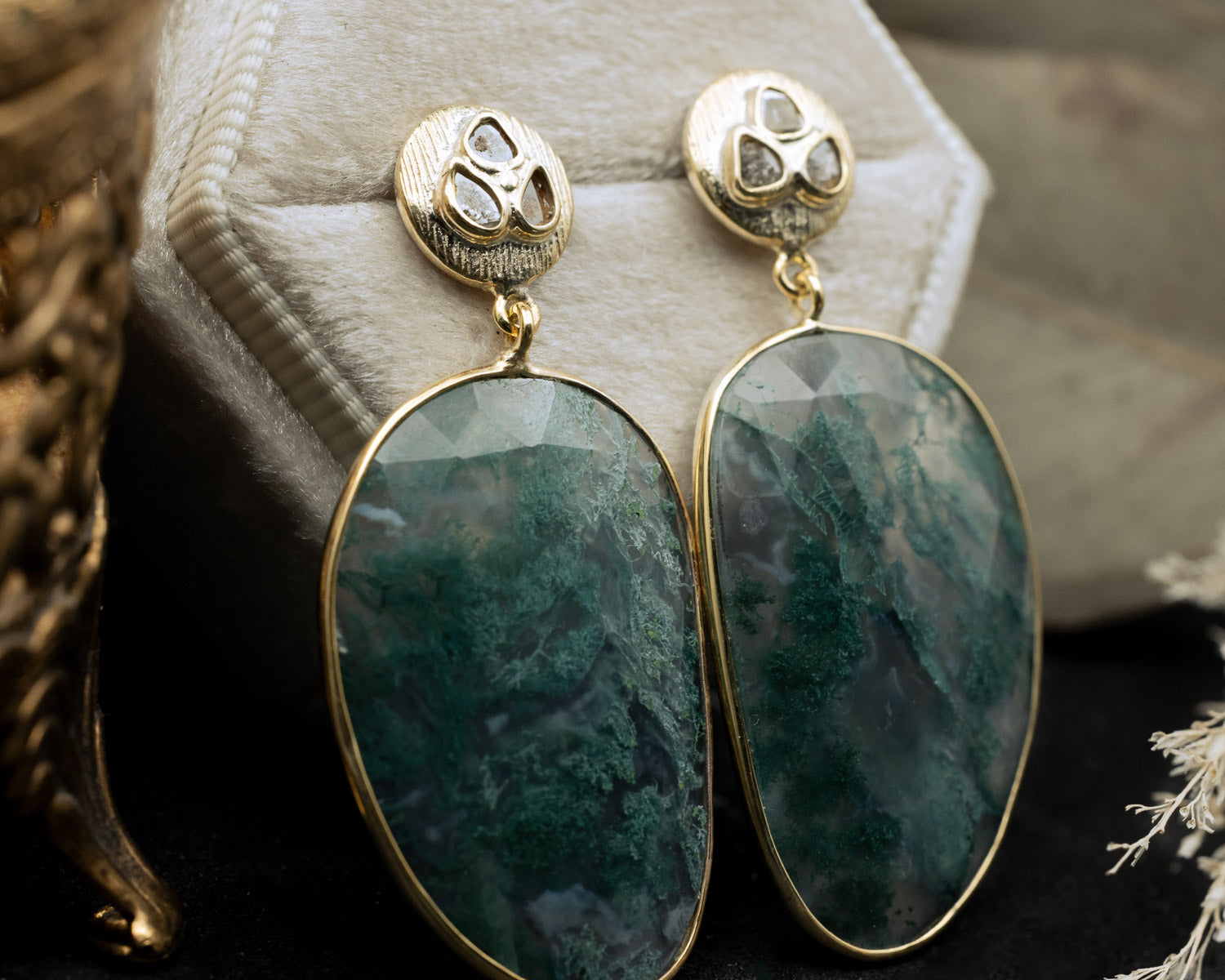 18K GOLD VERMEIL EARRINGS WITH DIAMOND ACCENTS & MOSS AGATE - BY JORGE REVILLA-Staghead Designs