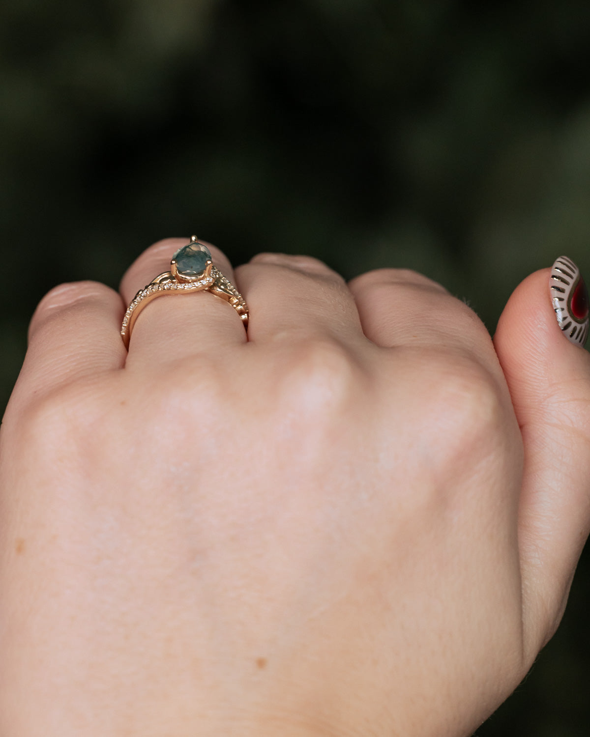 "SCARLET" - PEAR CUT MOSS AGATE ENGAGEMENT RING WITH DIAMOND ACCENTS-Staghead Designs