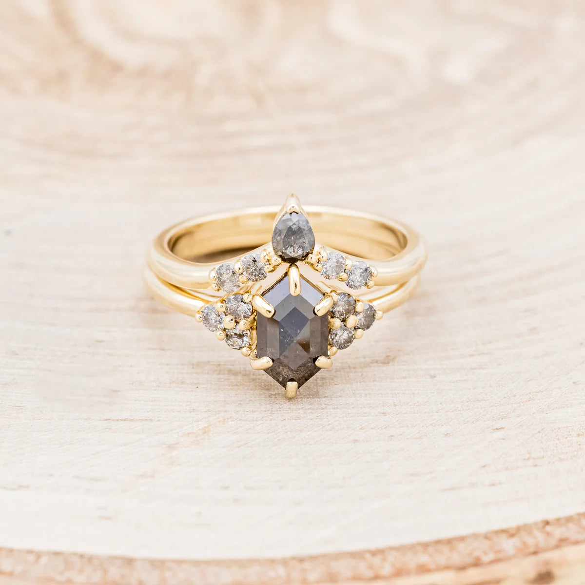 "OCTAVIA" - ELONGATED HEXAGON ROSECUT SALT & PEPPER DIAMOND ENGAGEMENT RING & TRACER-Staghead Designs