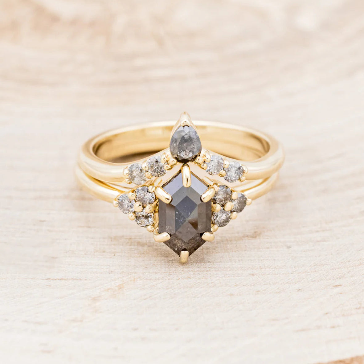 "OCTAVIA" - ELONGATED HEXAGON ROSECUT SALT & PEPPER DIAMOND ENGAGEMENT RING & TRACER-Staghead Designs