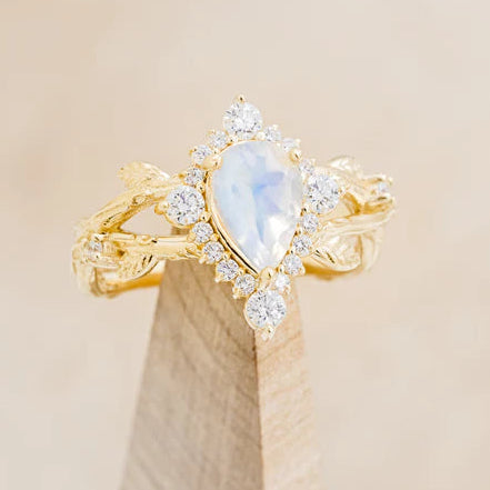 "ARTEMIS ON THE VINE DIVINE" - PEAR ENGAGEMENT RING WITH DIAMOND ACCENTS & A BRANCH-STYLE BAND-Staghead Designs