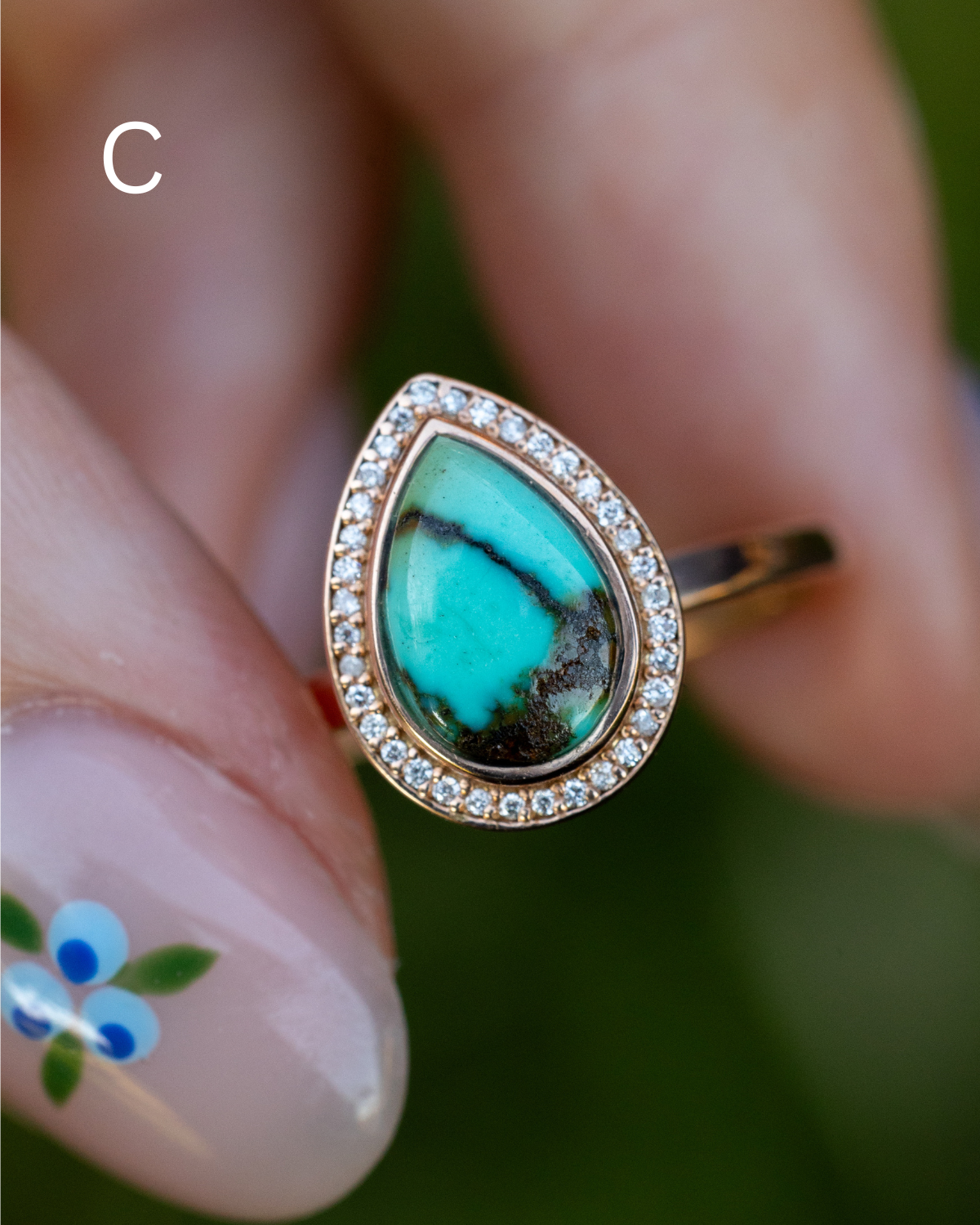 "TERRA" - PEAR-SHAPED TURQUOISE ENGAGEMENT RING WITH DIAMOND HALO - READY TO SHIP-Staghead Designs