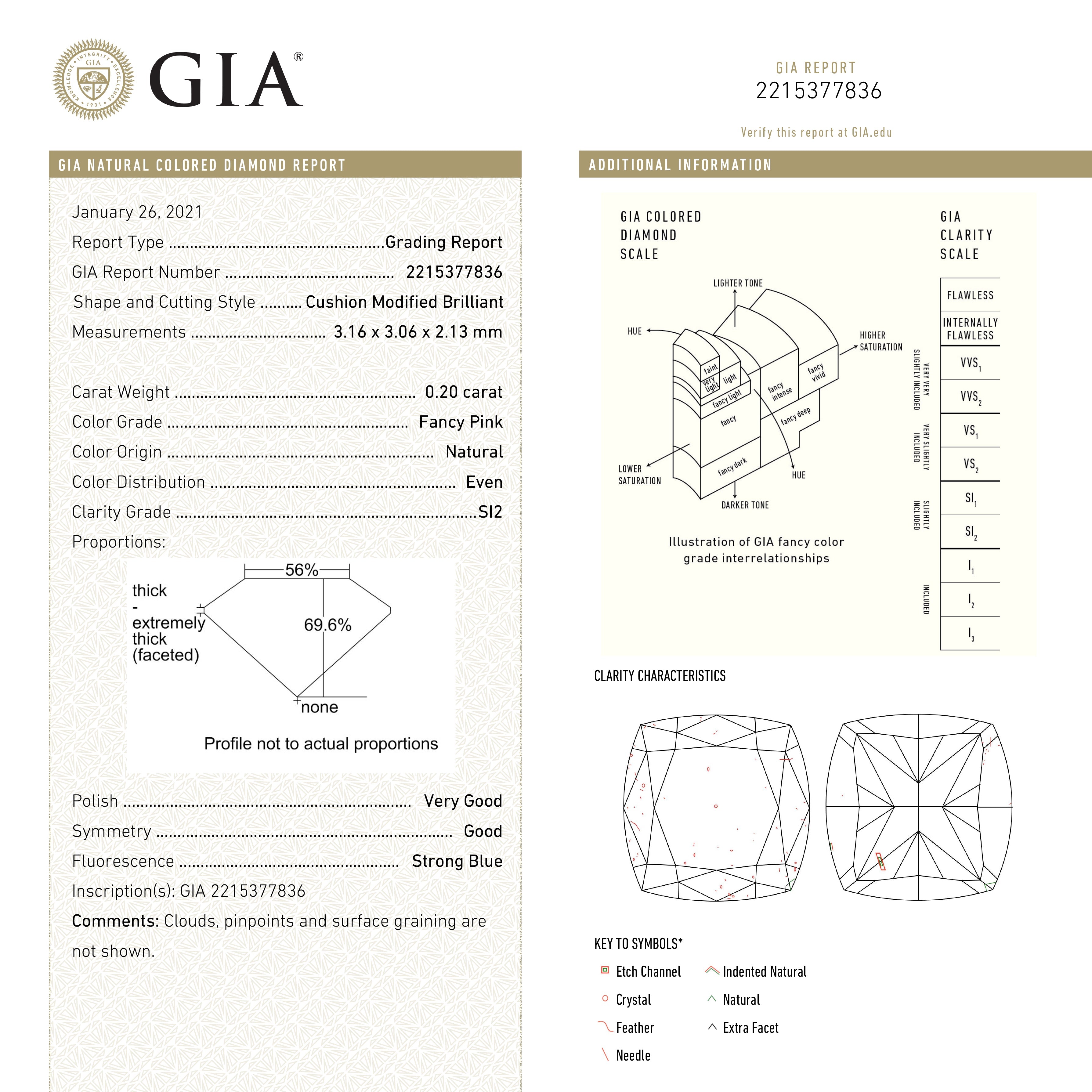 0.20ct 3.16x3.06x2.13mm GIA SI2 Fancy Pink Cushion Brilliant 🇦🇺 24099-01-Staghead Designs
