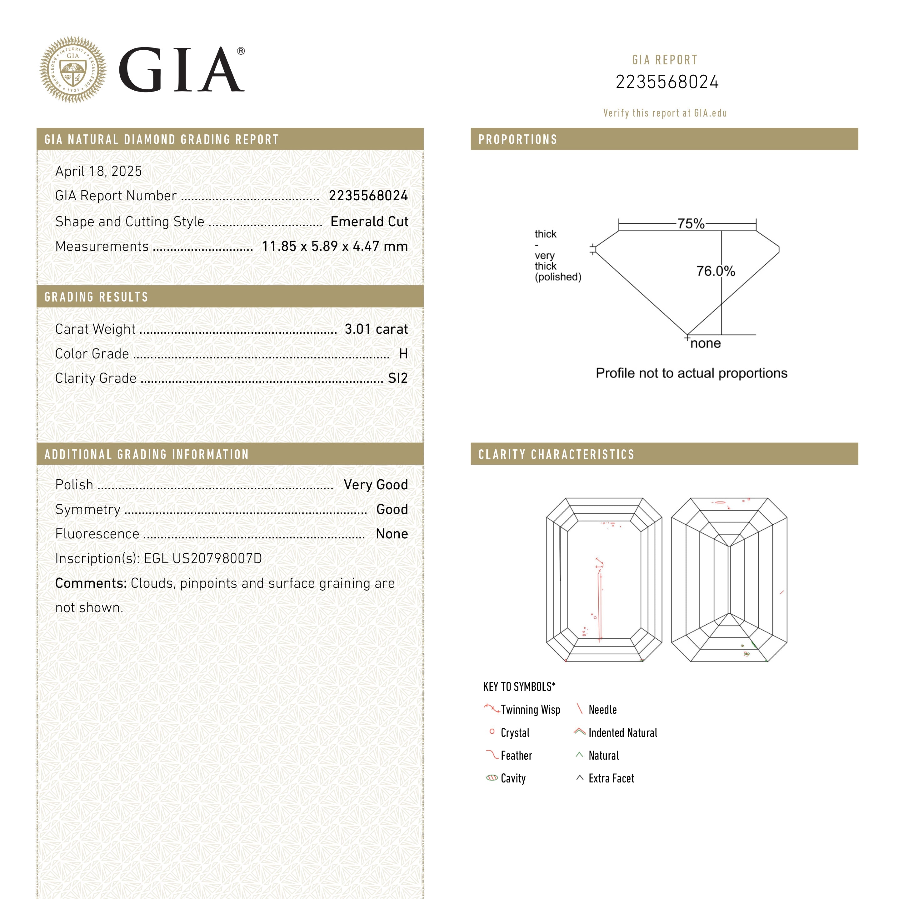 3.01ct 11.85x5.89x4.47mm GIA SI2 H Cut Corner Rectangle Step Cut 26478-01-Staghead Designs
