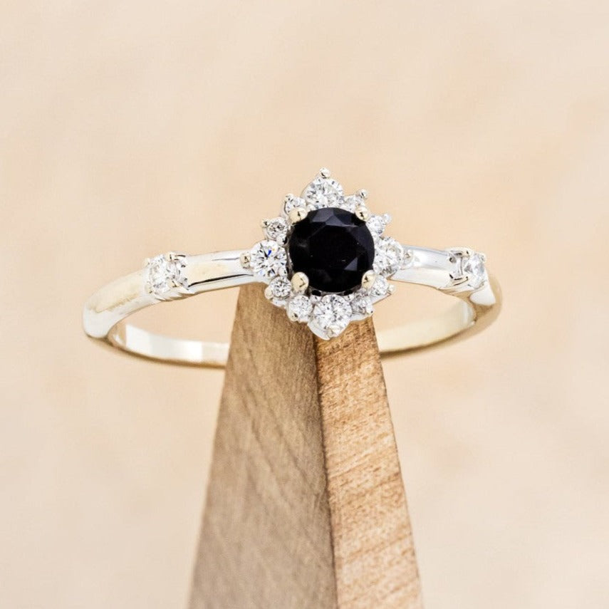 "STARLA" - ROUND CUT ONYX ENGAGEMENT RING WITH STARBURST DIAMOND HALO-1