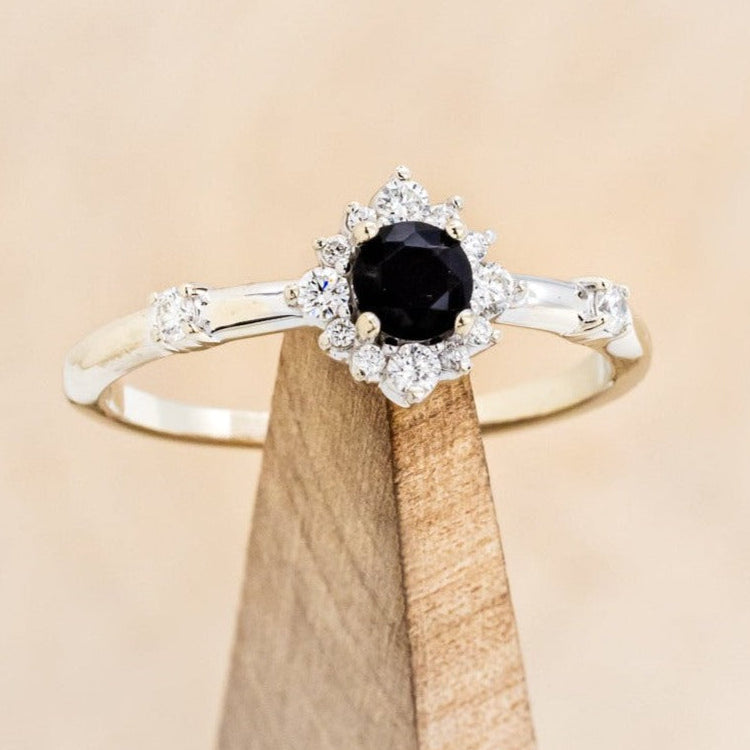 "STARLA" - ROUND CUT ONYX ENGAGEMENT RING WITH STARBURST DIAMOND HALO-1