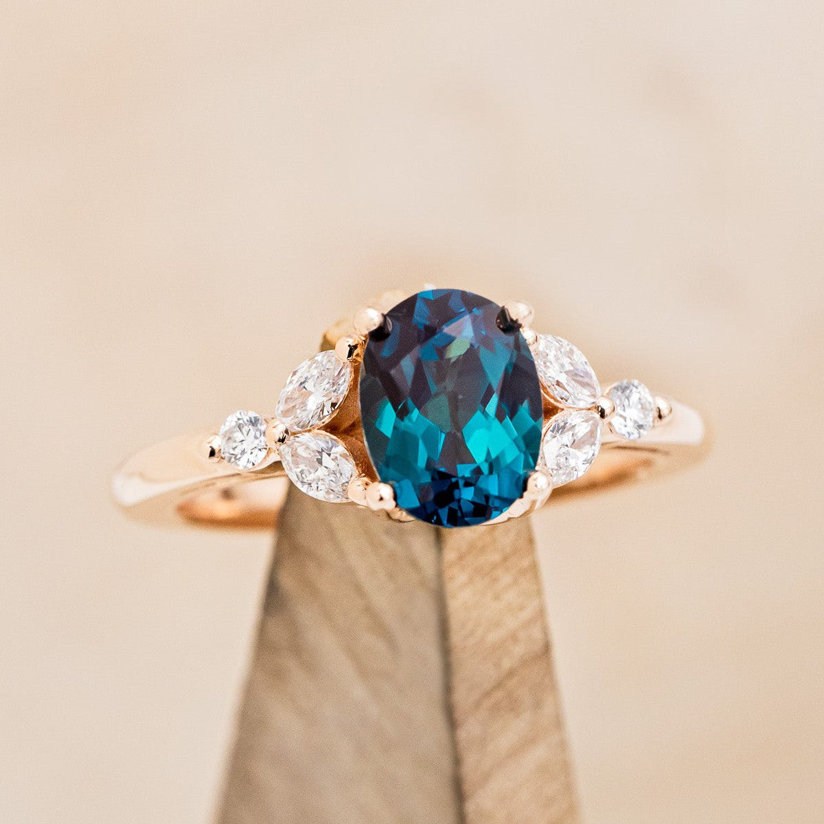"BLOSSOM" - OVAL LAB-GROWN ALEXANDRITE ENGAGEMENT RING WITH LEAF-SHAPED DIAMOND ACCENTS-1