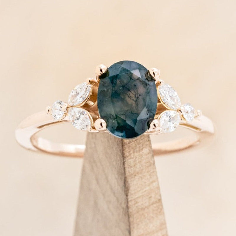 "BLOSSOM" - OVAL-CUT MOSS AGATE ENGAGEMENT RING WITH LEAF-SHAPED DIAMOND ACCENTS-1