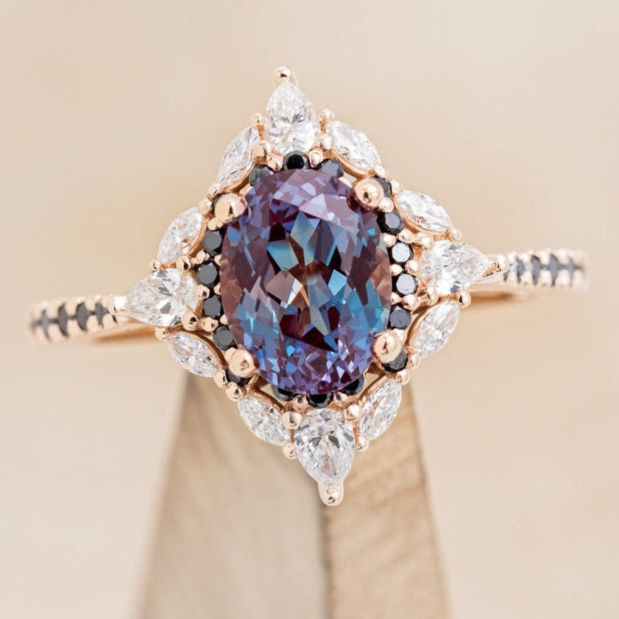 "NORTH STAR" - OVAL LAB-GROWN ALEXANDRITE ENGAGEMENT RING WITH DIAMOND HALO & BLACK DIAMOND ACCENTS-1
