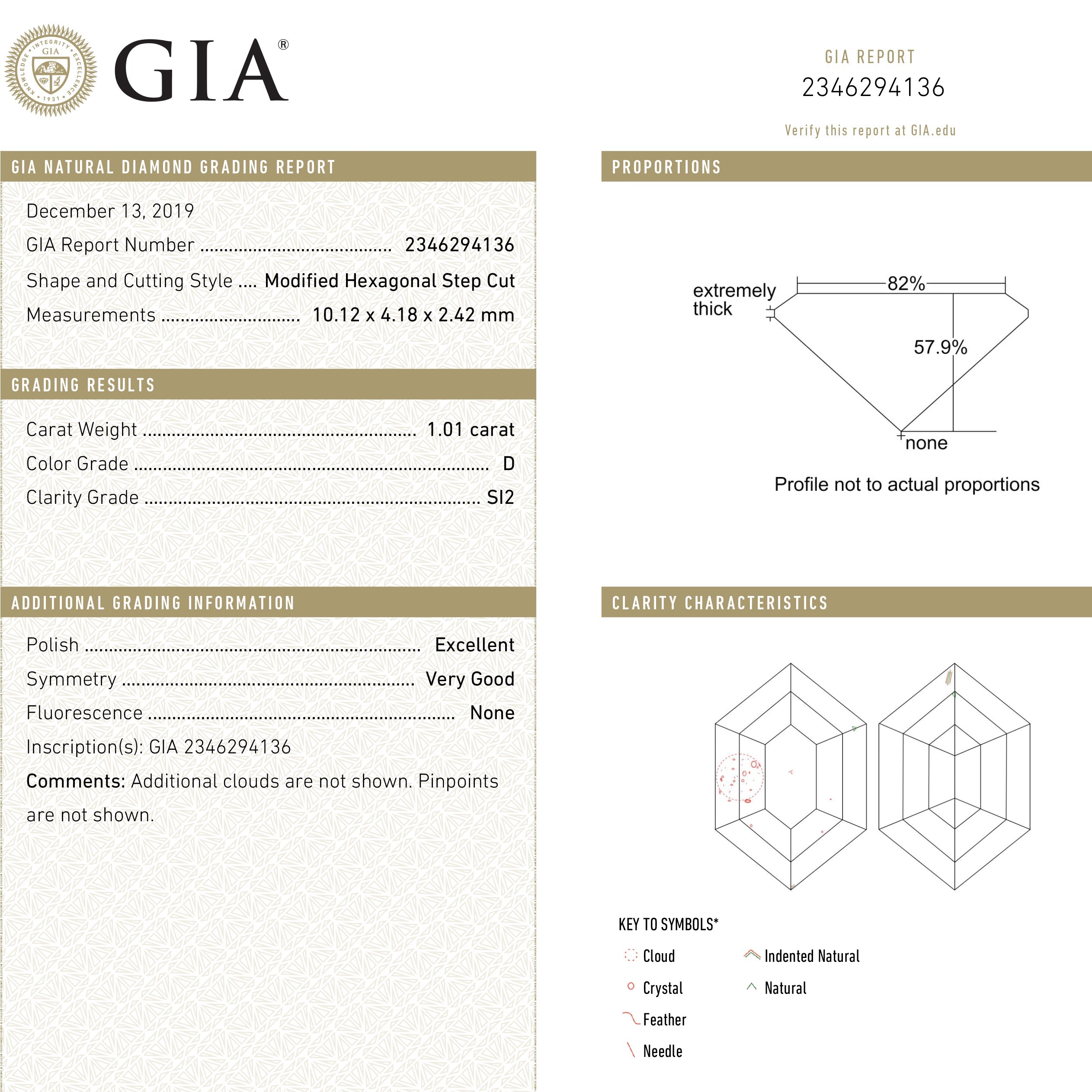 1.01ct 10.12x4.18x2.42mm GIA SI2 D Hexagon Step Cut 22621-01-Staghead Designs
