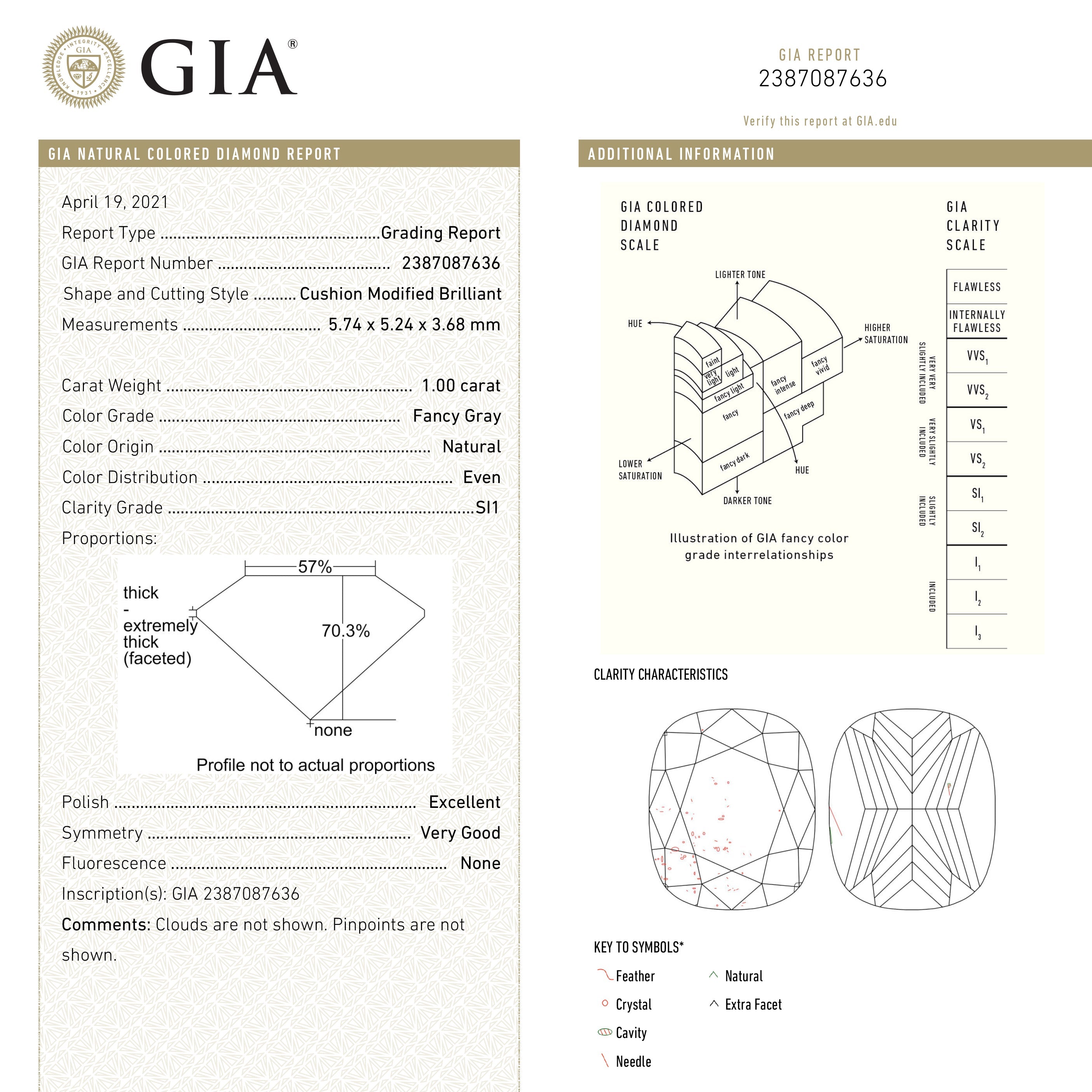 1.00ct 5.74x5.24x3.68mm GIA SI1 Fancy Grey Cushion Brilliant 19412-01-Staghead Designs