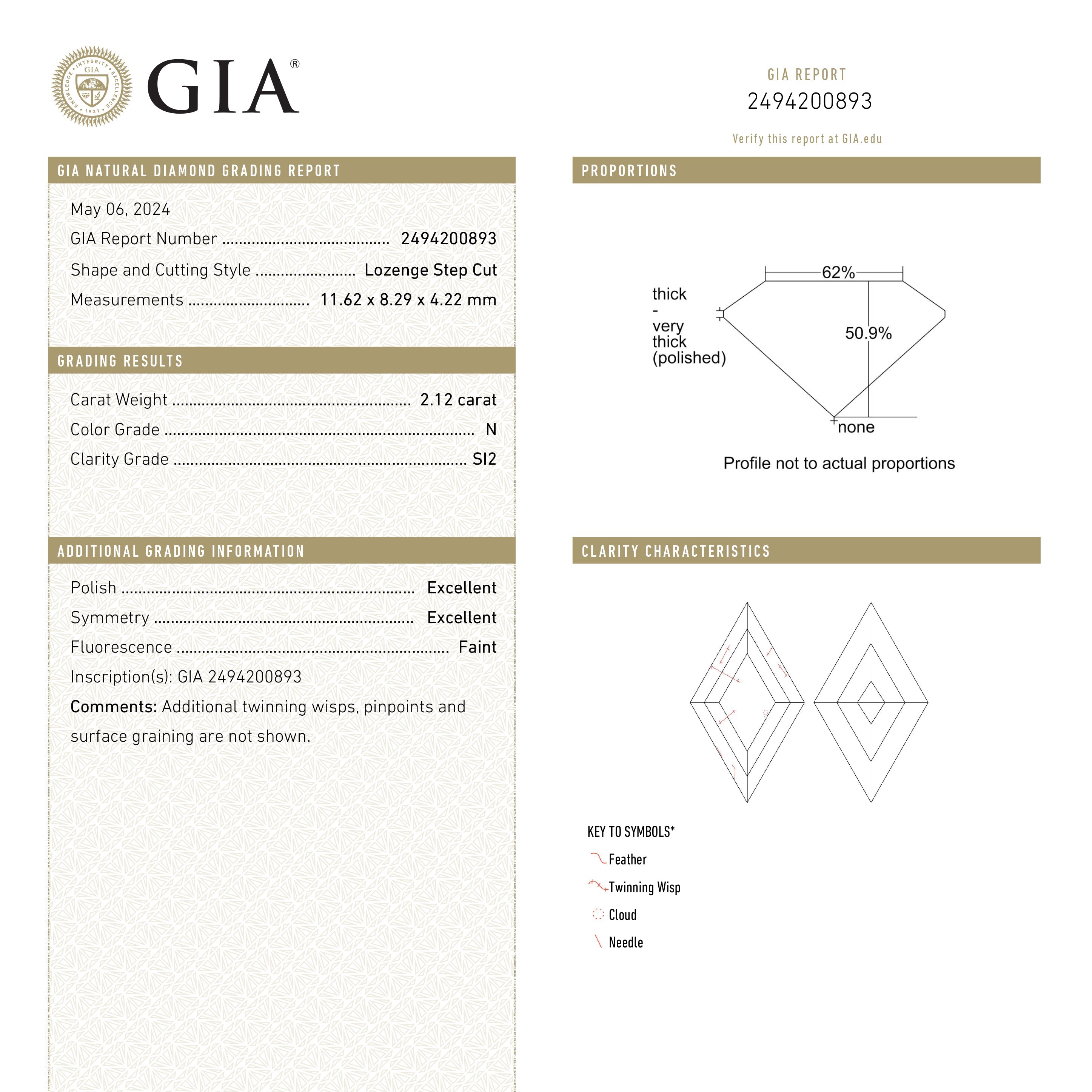 2.12ct 11.62x8.29x4.22mm GIA SI2 N Lozenge Step Cut 25913-01-Staghead Designs