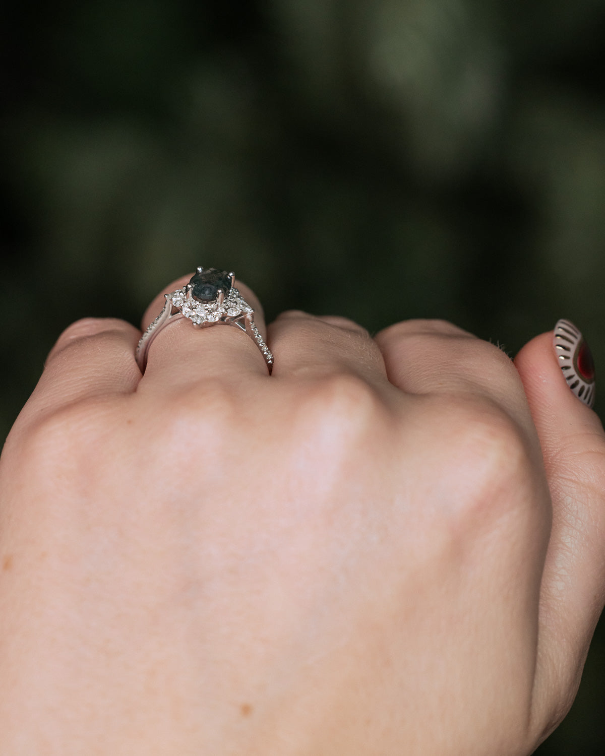 "NORTH STAR" - OVAL MOSS AGATE ENGAGEMENT RING WITH DIAMOND HALO, DIAMOND ACCENTS & DIAMOND TRACER-Staghead Designs
