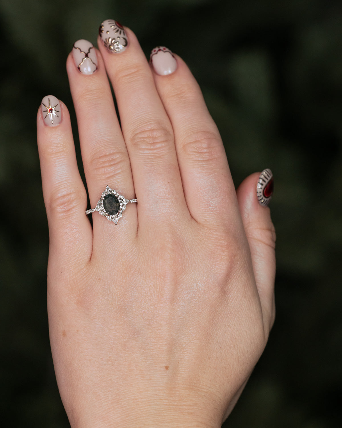 "NORTH STAR" - OVAL MOSS AGATE ENGAGEMENT RING WITH DIAMOND HALO, DIAMOND ACCENTS & DIAMOND TRACER-Staghead Designs