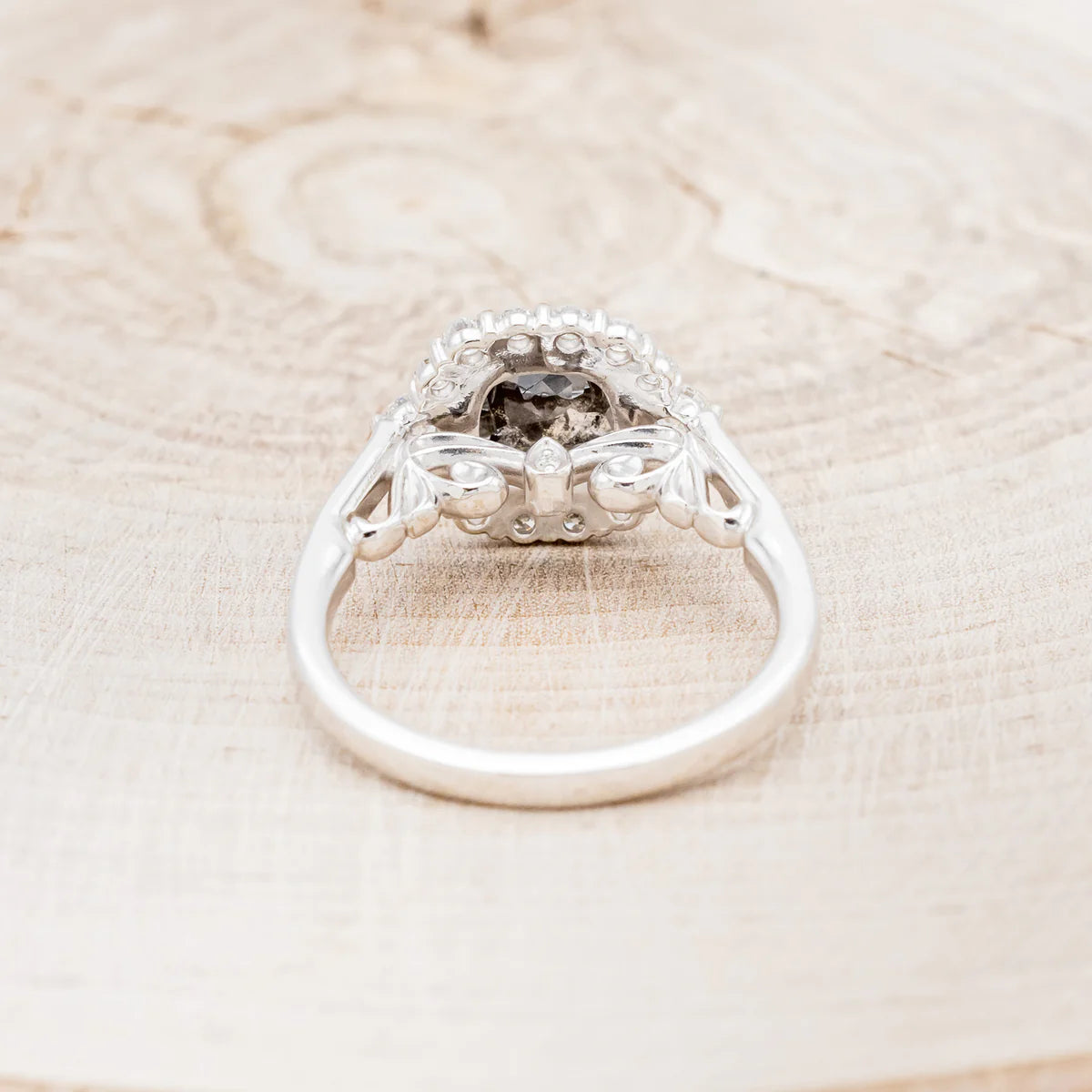 "OPHELIA" - CUSHION CUT SALT & PEPPER DIAMOND ENGAGEMENT RING WITH DIAMOND HALO & ACCENTS - 14K WHITE GOLD - SIZE 7 1/2-Staghead Designs