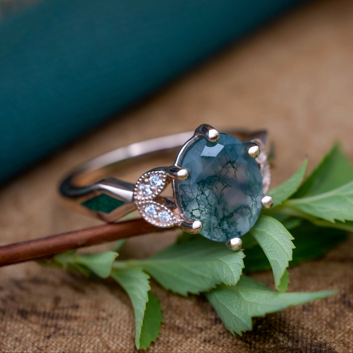 "Lucia" - Oval Cut Moss Agate Engagement Ring With Diamond Accents & Natural Moss Inlays-Staghead Designs