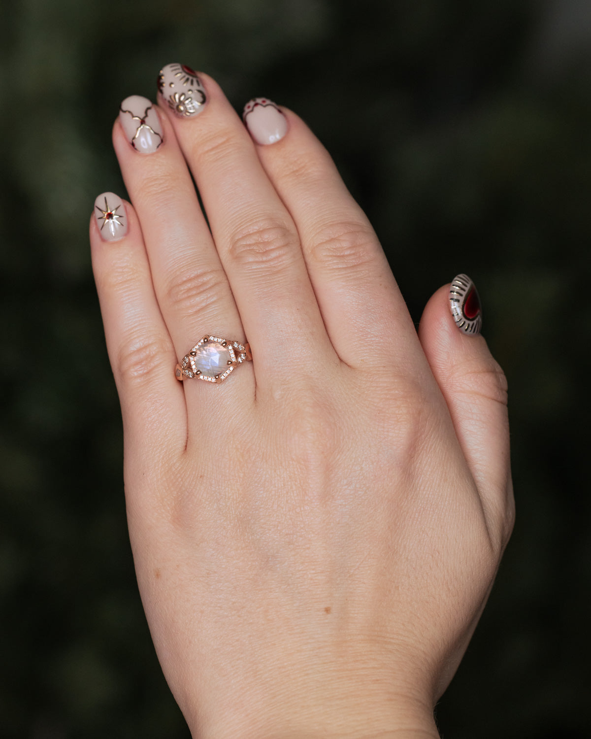 "LUCY IN THE SKY" - FACETED HEXAGON CUT MOONSTONE WEDDING BAND SET WITH DIAMOND HALO & TRACER-Staghead Designs