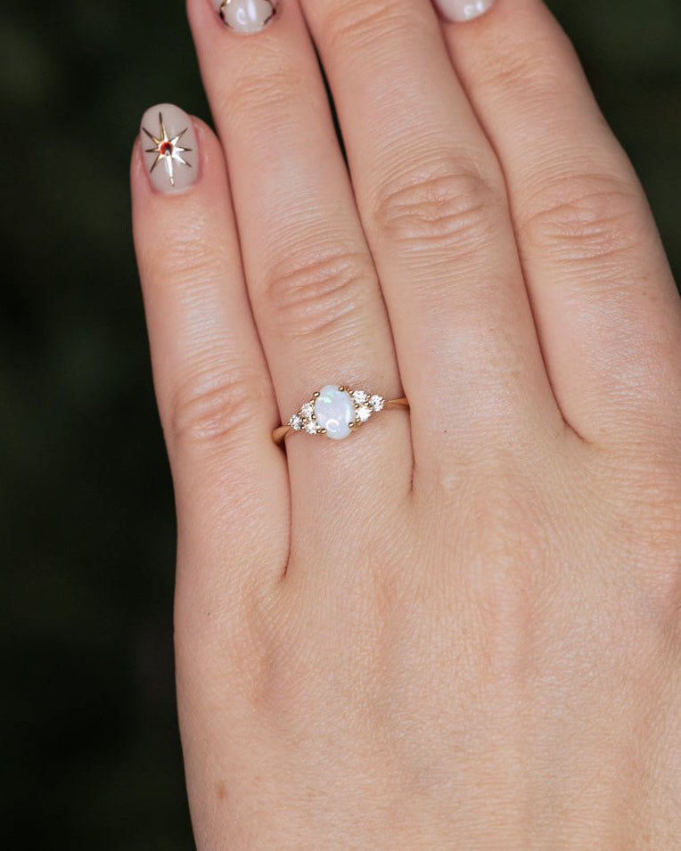 "RHEA" - OVAL CABOCHON CUT WHITE OPAL ENGAGEMENT RING WITH DIAMOND ACCENTS-Staghead Designs