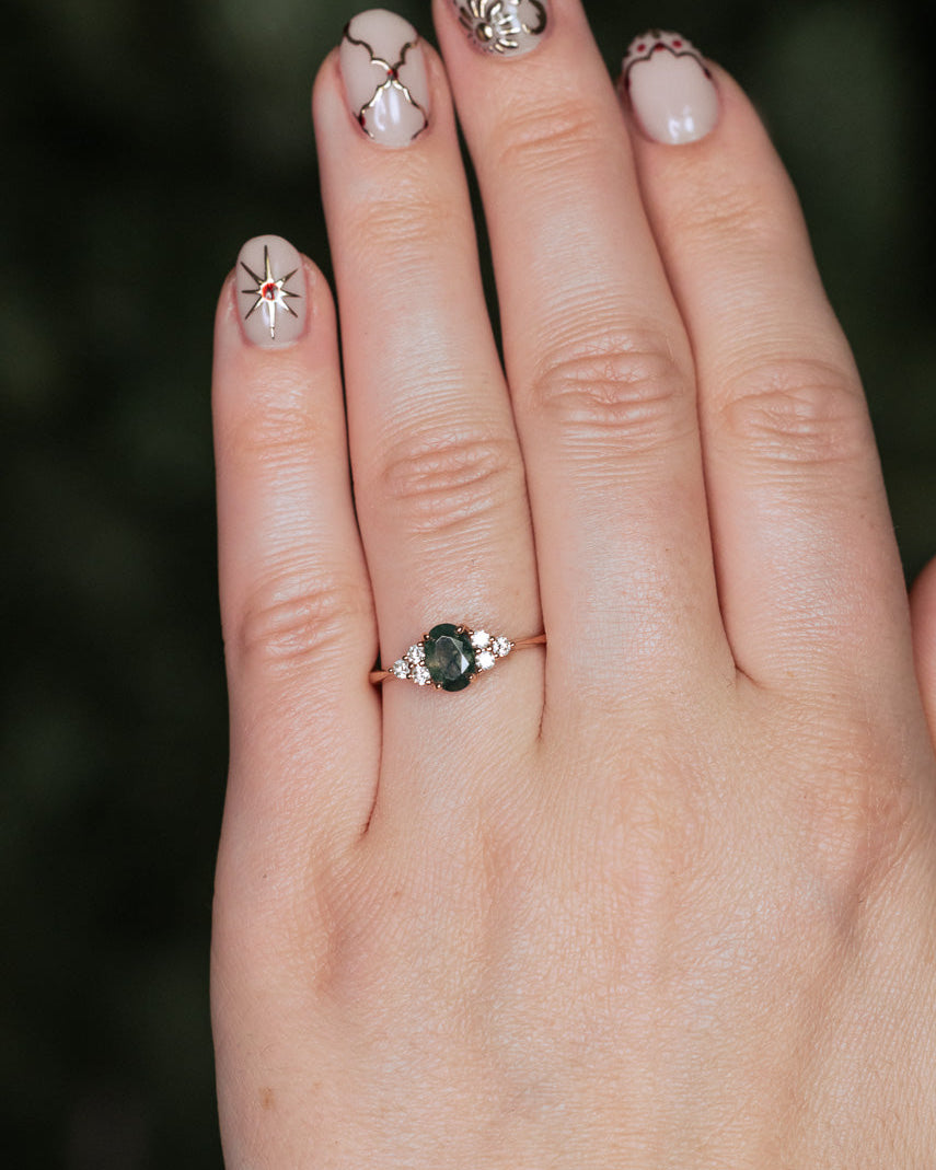 "RHEA" - OVAL CUT MOSS AGATE ENGAGEMENT RING WITH DIAMOND ACCENTS-Staghead Designs