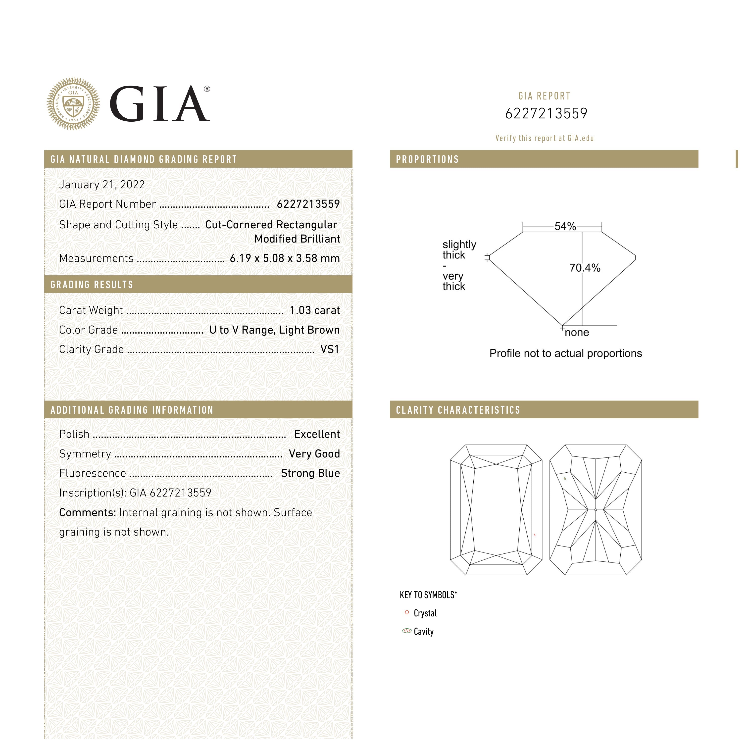 1.03ct 6.19x5.08x3.58mm GIA VS1 U-V Cut Corner Rectangle Brilliant 27058-01-Staghead Designs