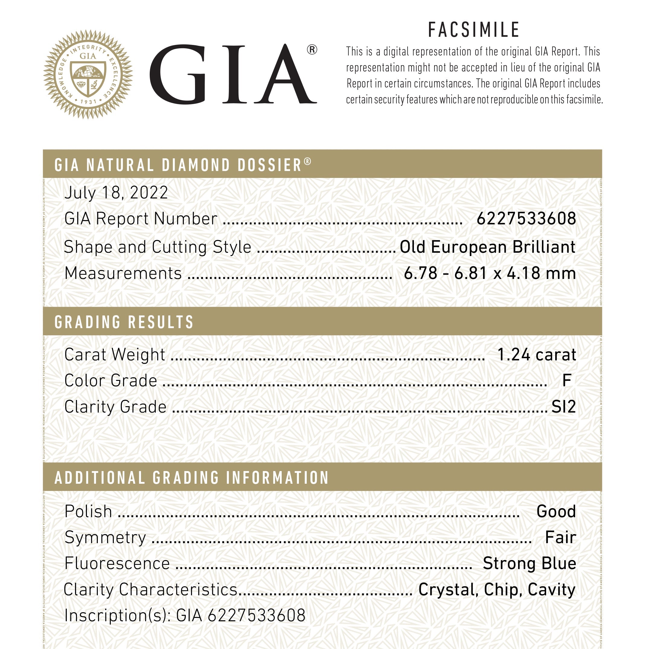 1.24ct 6.81x6.78x4.18mm GIA SI2 F Antique Old European Cut 22065-01-Staghead Designs