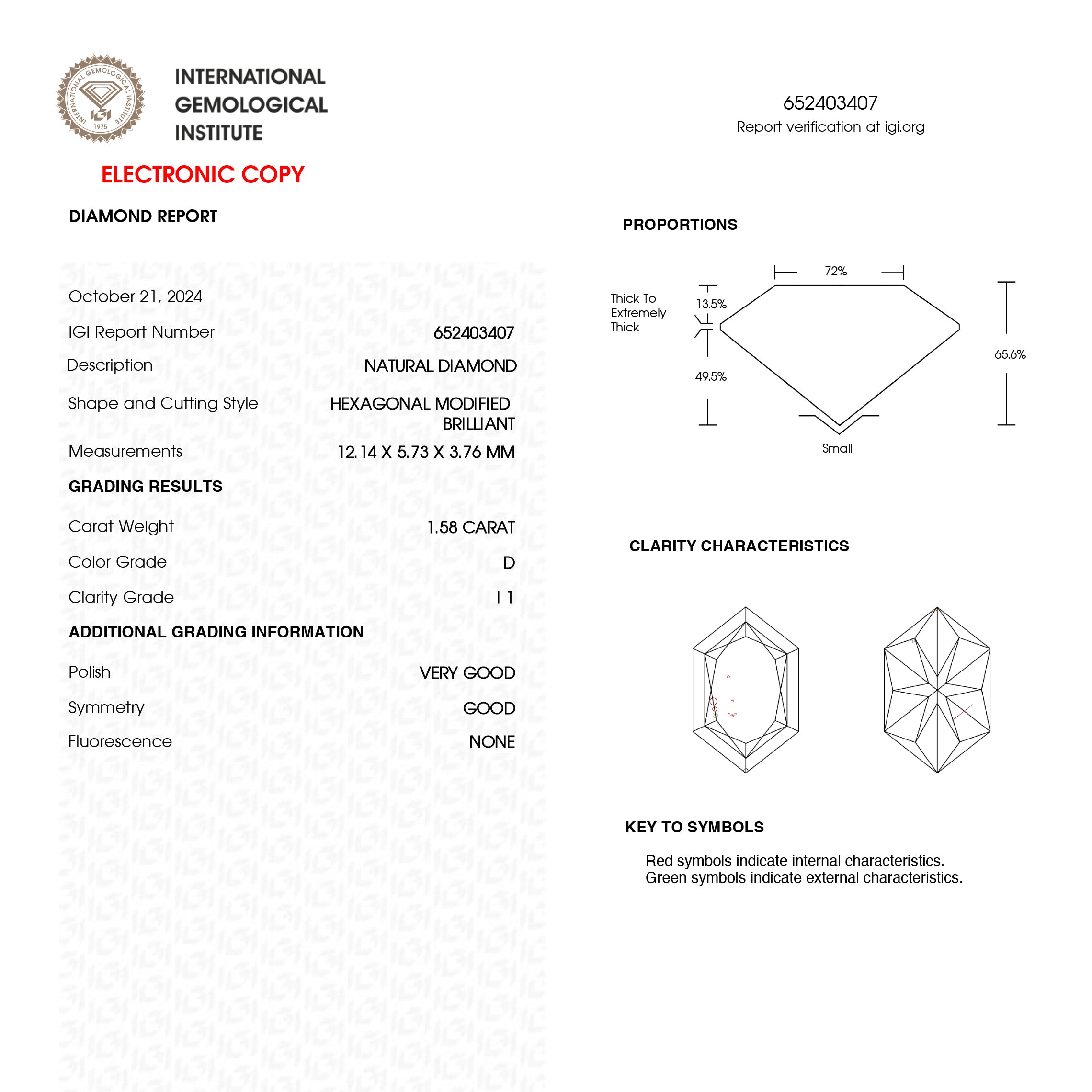 1.58ct 12.14x5.73x3.76mm IGI I1 D Hexagon Brilliant 25747-01-Staghead Designs