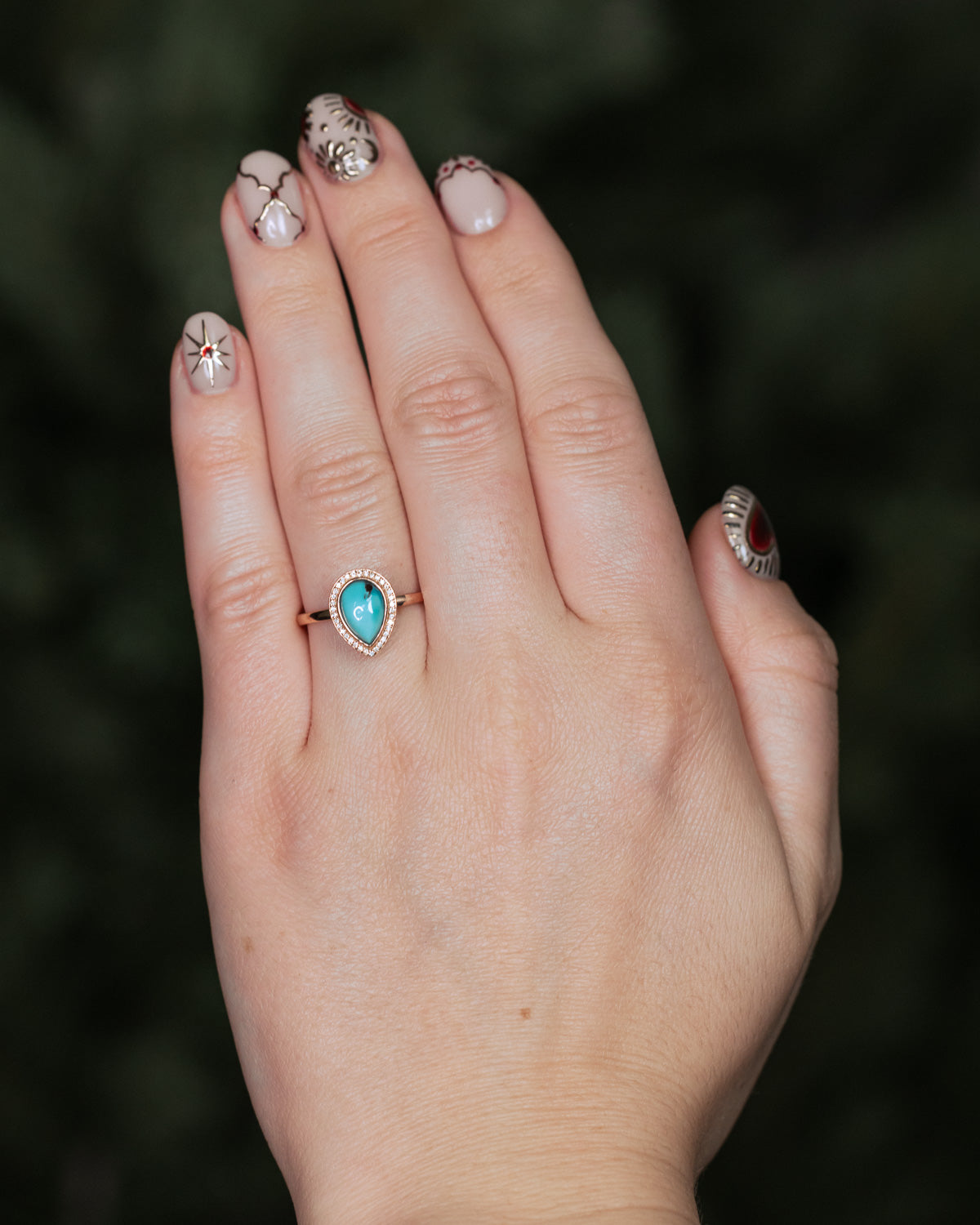 "TERRA" - PEAR CABOCHON CUT TURQUOISE ENGAGEMENT RING WITH DIAMOND HALO-Staghead Designs