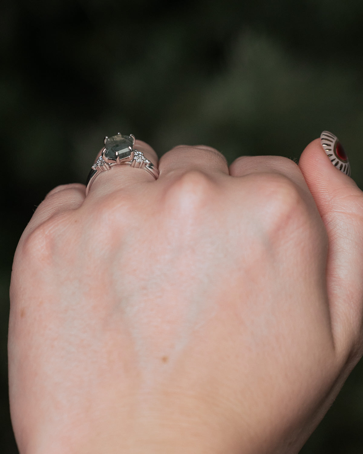 "OCTAVIA" - ELONGATED HEXAGON CUT MOSS AGATE ENGAGEMENT RING WITH DIAMOND ACCENTS & TRACER-Staghead Designs