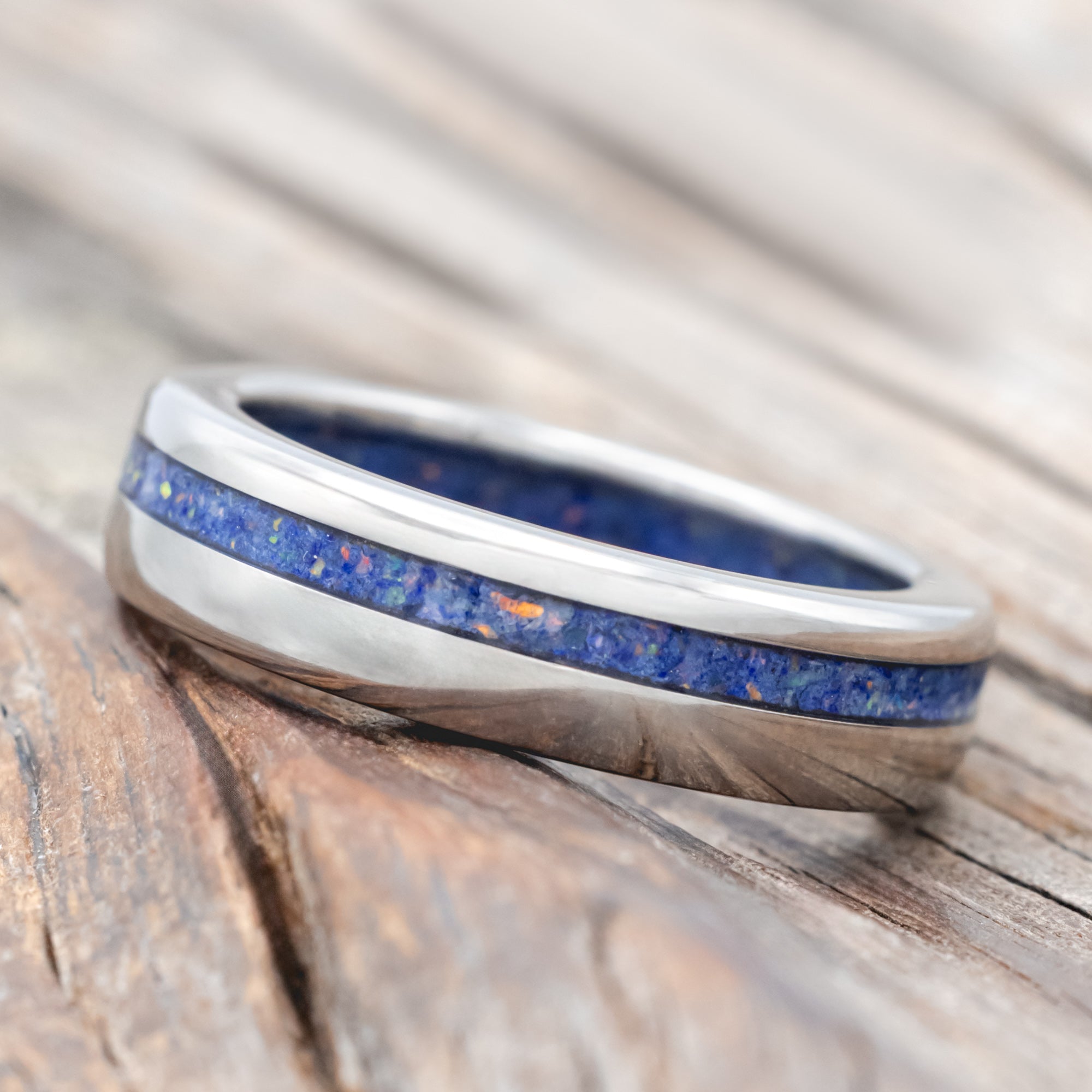 "Vertigo" - Mixed Lapis Lazuli and Fire & Ice Opal Inlay and Lining Wedding Band - Titanium (6mm) - Size 9 3/4-Staghead Designs