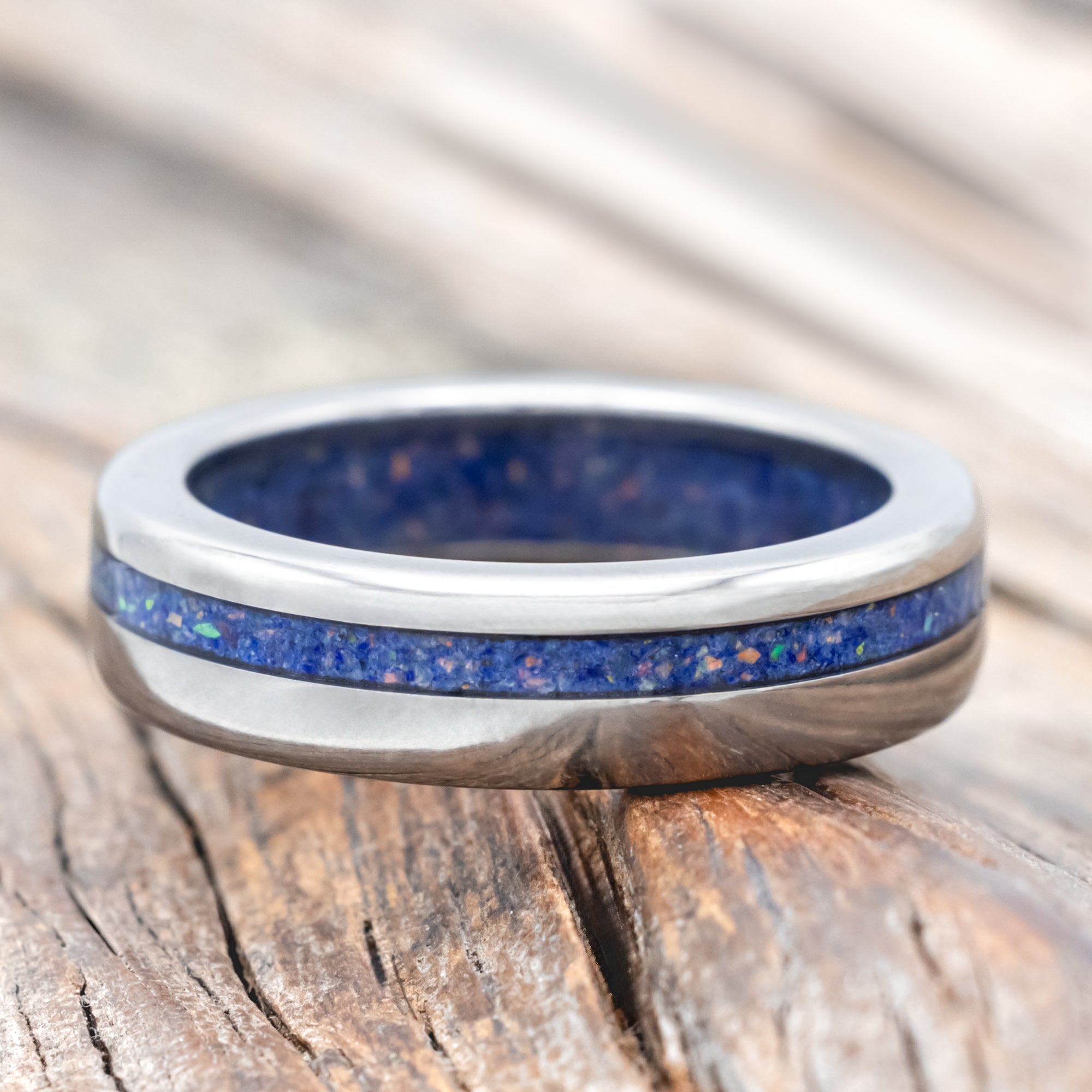 "Vertigo" - Mixed Lapis Lazuli and Fire & Ice Opal Inlay and Lining Wedding Band - Titanium (6mm) - Size 9 3/4-Staghead Designs