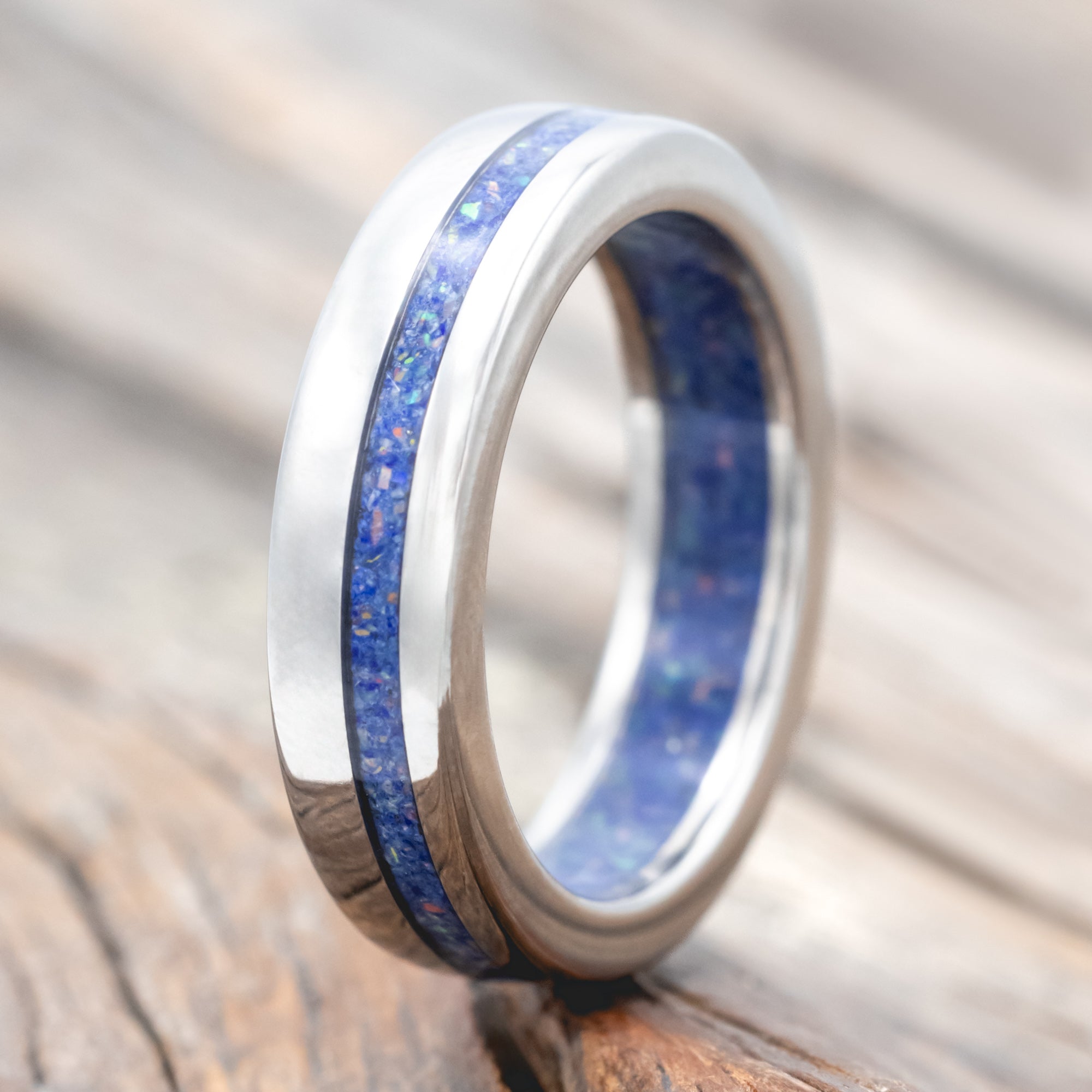 "Vertigo" - Mixed Lapis Lazuli and Fire & Ice Opal Inlay and Lining Wedding Band - Titanium (6mm) - Size 9 3/4-Staghead Designs