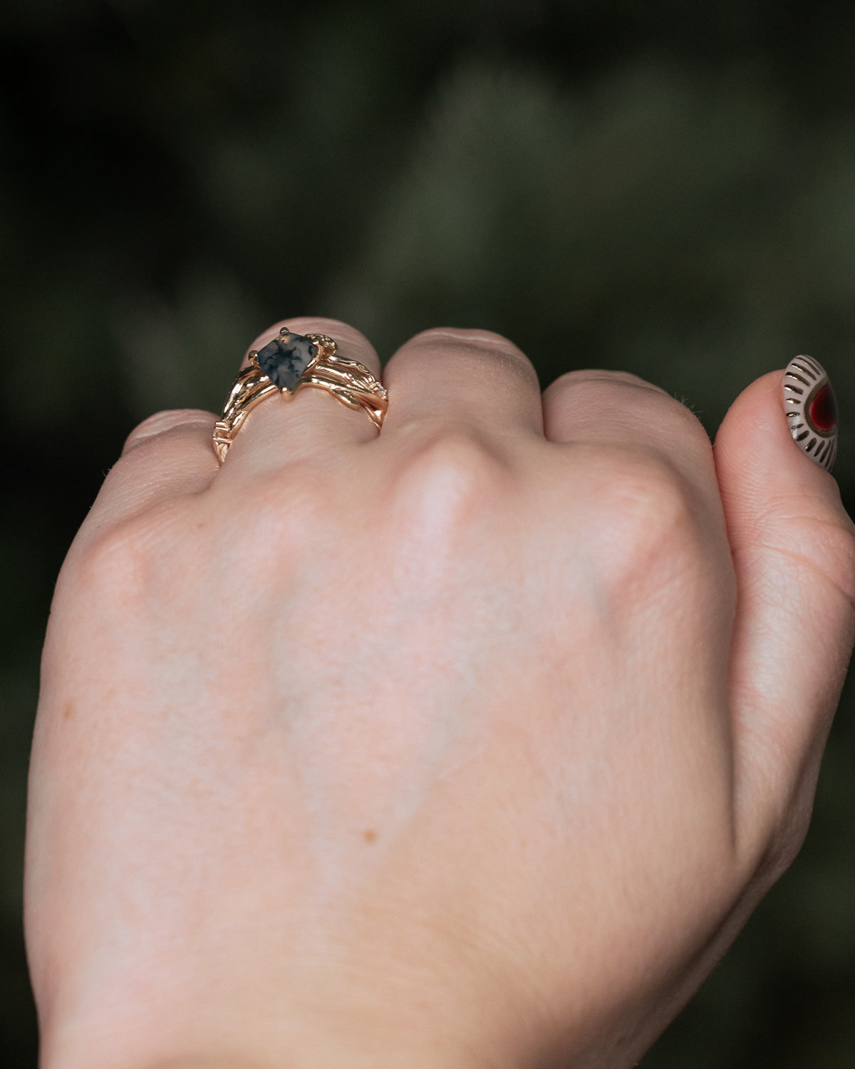 "ARTEMIS ON THE VINE" - KITE CUT MOSS AGATE ENGAGEMENT RING WITH DIAMOND ACCENTS & "BRIAR" BRANCH-STYLE TRACER-Staghead Designs