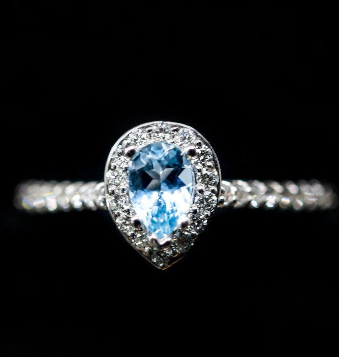 "AGNES" - PEAR-SHAPED AQUAMARINE ENGAGEMENT RING WITH DIAMOND HALO & ACCENT BAND-1