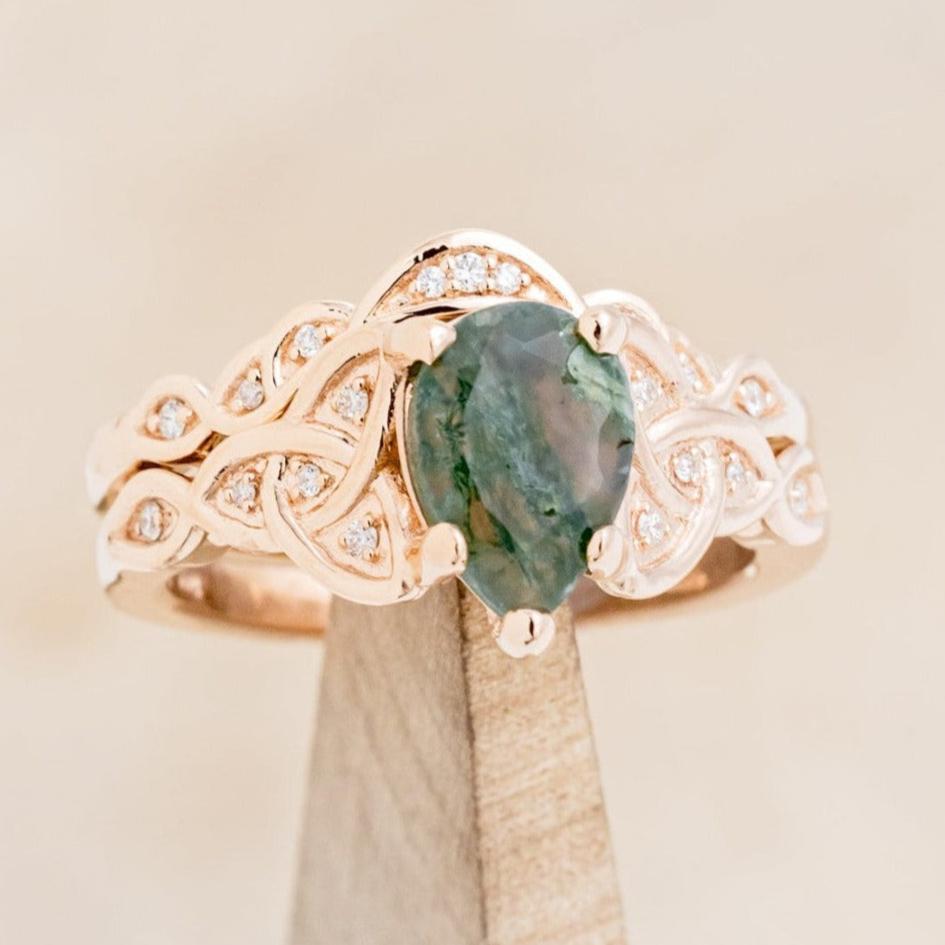 "AIFE" - CELTIC KNOT PEAR MOSS AGATE ENGAGEMENT RING AND TRACER-1
