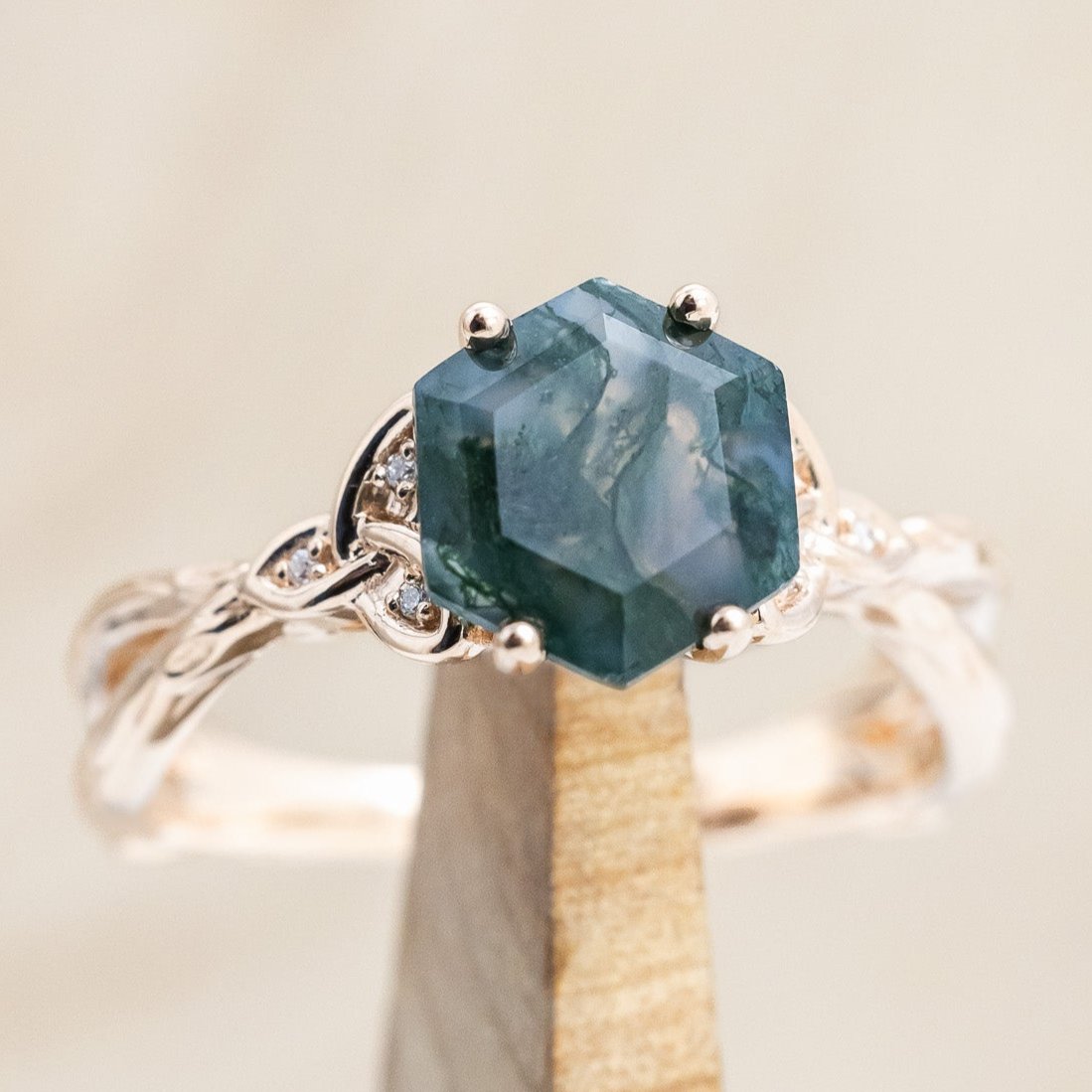 "AMARIS" - CELTIC KNOT ACCENTED HEXAGON CUT MOSS AGATE ENGAGEMENT RING WITH DIAMOND ACCENTS-Staghead Designs