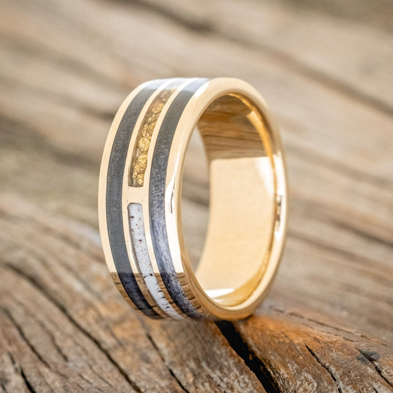"AMBROSE" - DARK MAPLE WOOD, ANTLER & GOLD NUGGETS WEDDING BAND-1