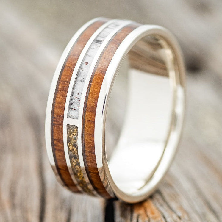 "AMBROSE" - KOA WOOD, ANTLER & GOLD NUGGETS WEDDING BAND-1