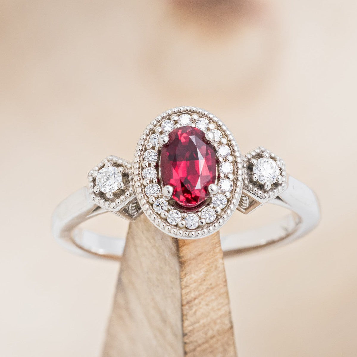 "AMELIA" - OVAL LAB-GROWN RUBY ENGAGEMENT RING WITH DIAMOND HALO & ACCENTS-1