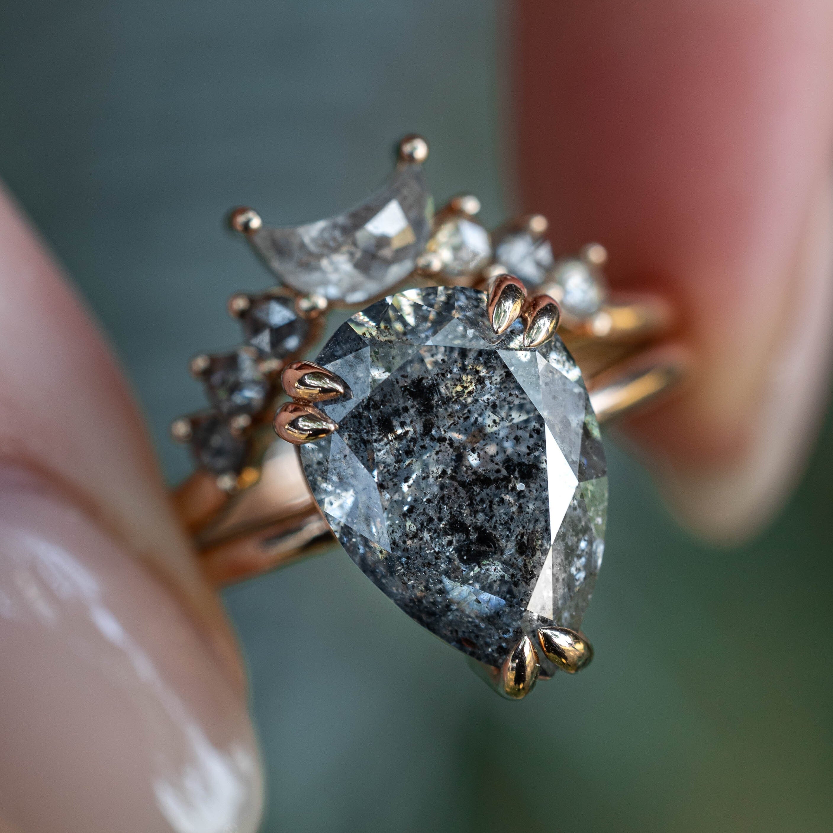 "ANDROMEDA" - SOLITAIRE PEAR-SHAPED SALT & PEPPER DIAMOND ENGAGEMENT RING WITH SALT & PEPPER DIAMOND ACCENTED TRACER - 14K ROSE GOLD - SIZE 7-Staghead Designs