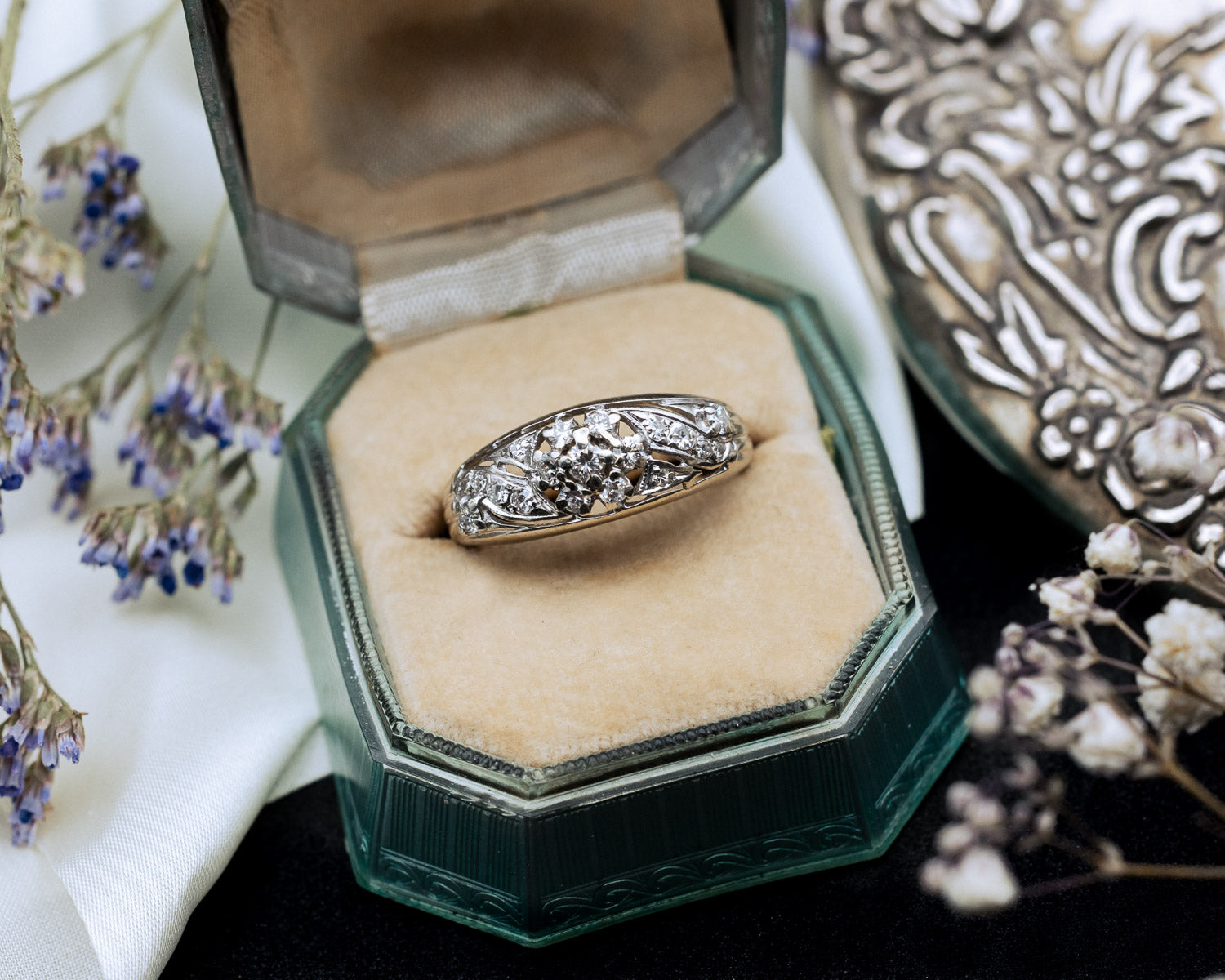 Vintage Art Deco Diamond Cluster Women's Engagement Ring in 14K Gold